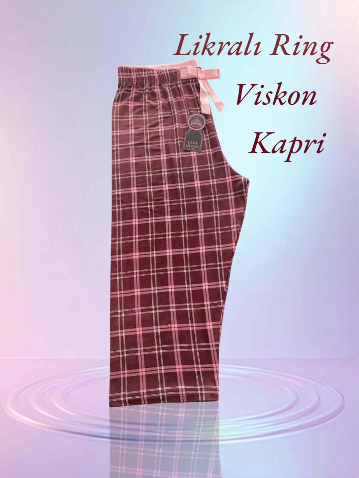 Likralı Ring Viskon Pijama Kapri Kareli Pembe 6014