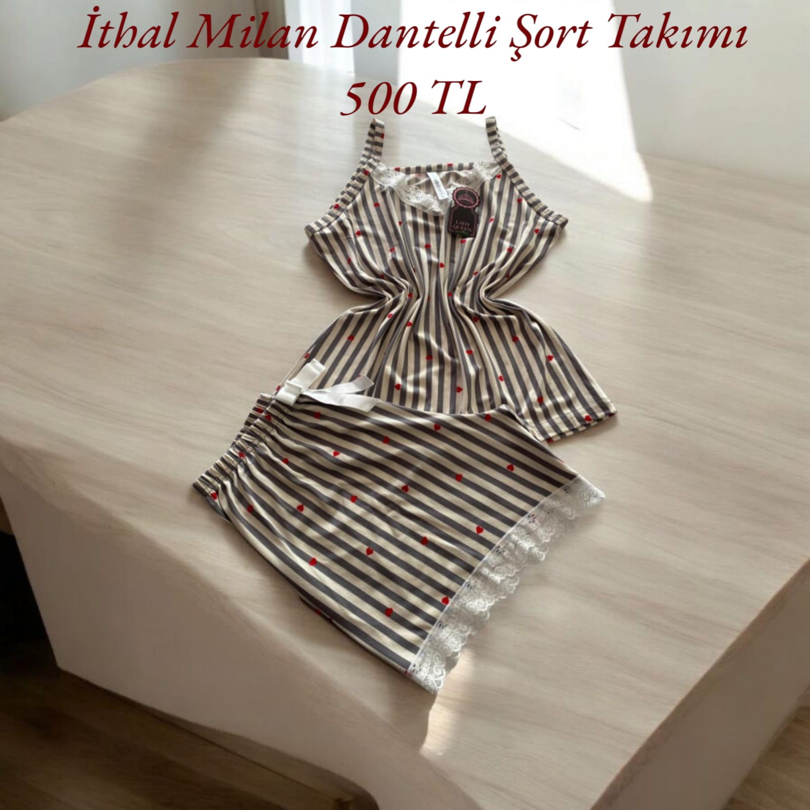 İthal Milan Dantelli Pijama Şort Takımı Çizgili Kalpli Gri 6008