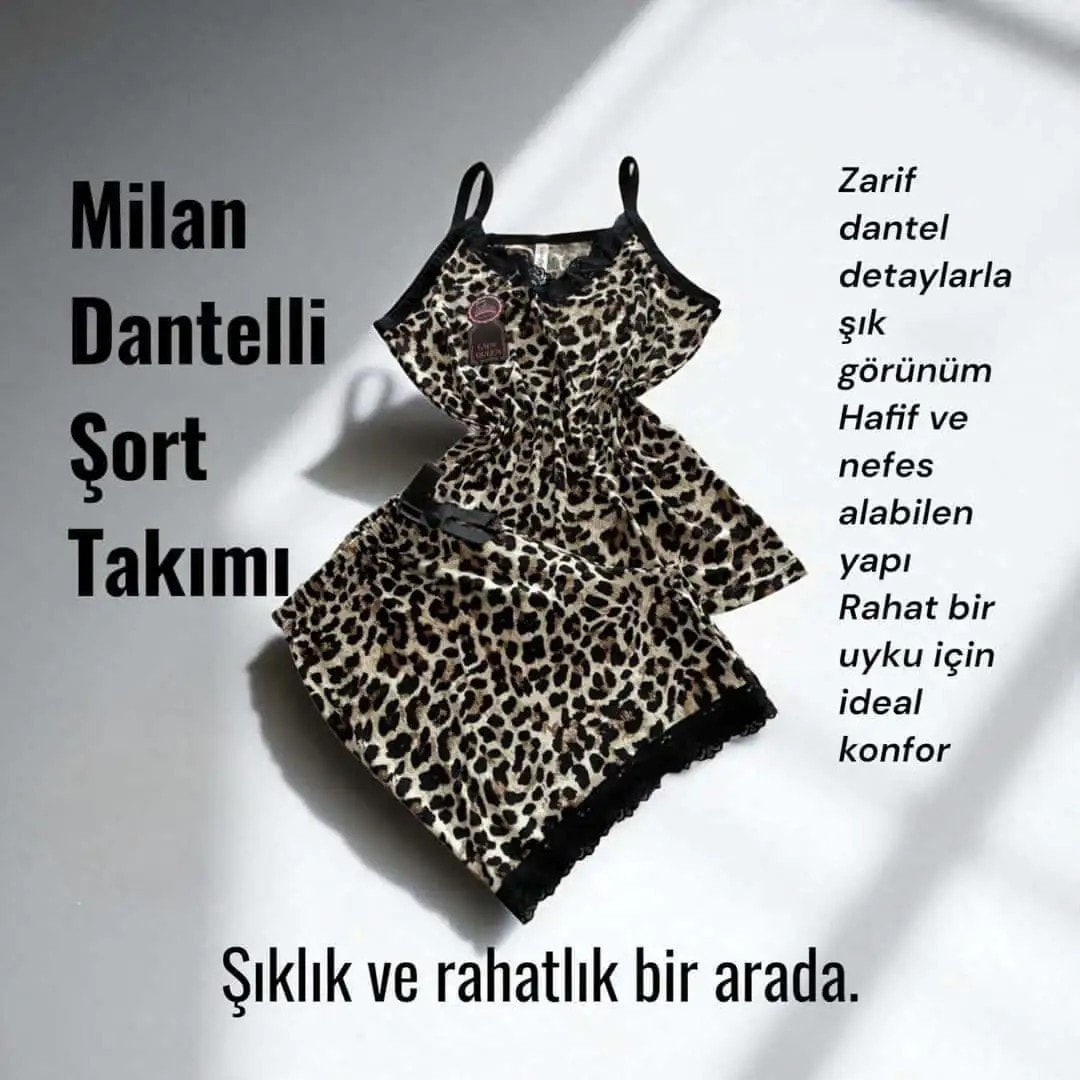 İthal Milan Dantelli Pijama Şort Takımı Leopar 6008