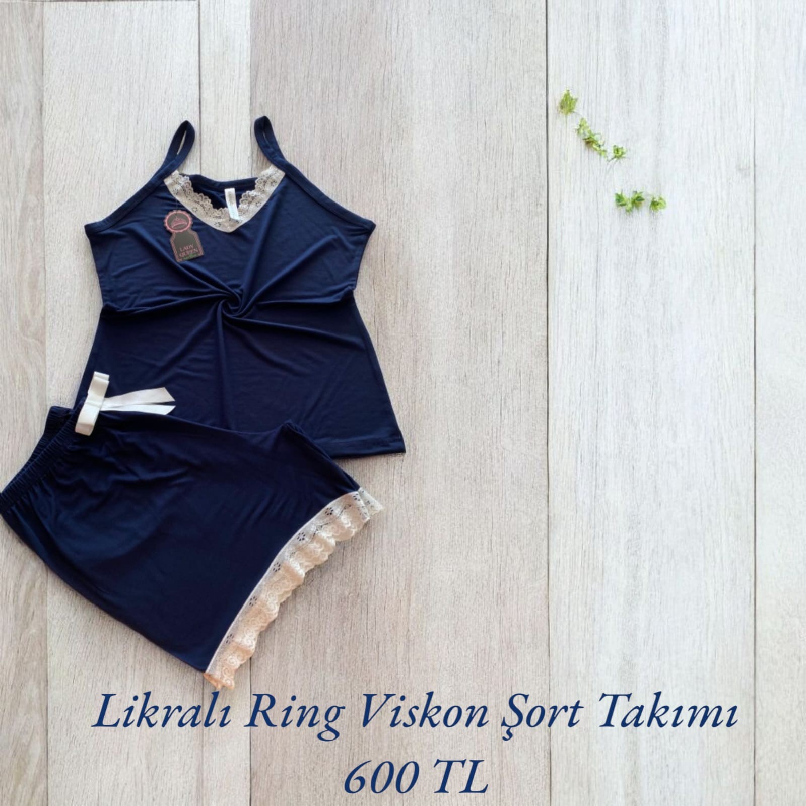 Likralı Ring Viskon Pijama Şort Takımı Düz Mavi 6016
