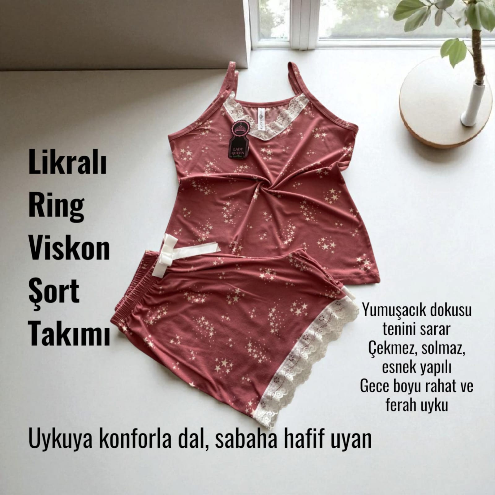 İthal Milan Dantelli Pijama Şort Takımı Yıldız Adası Pembe 6008