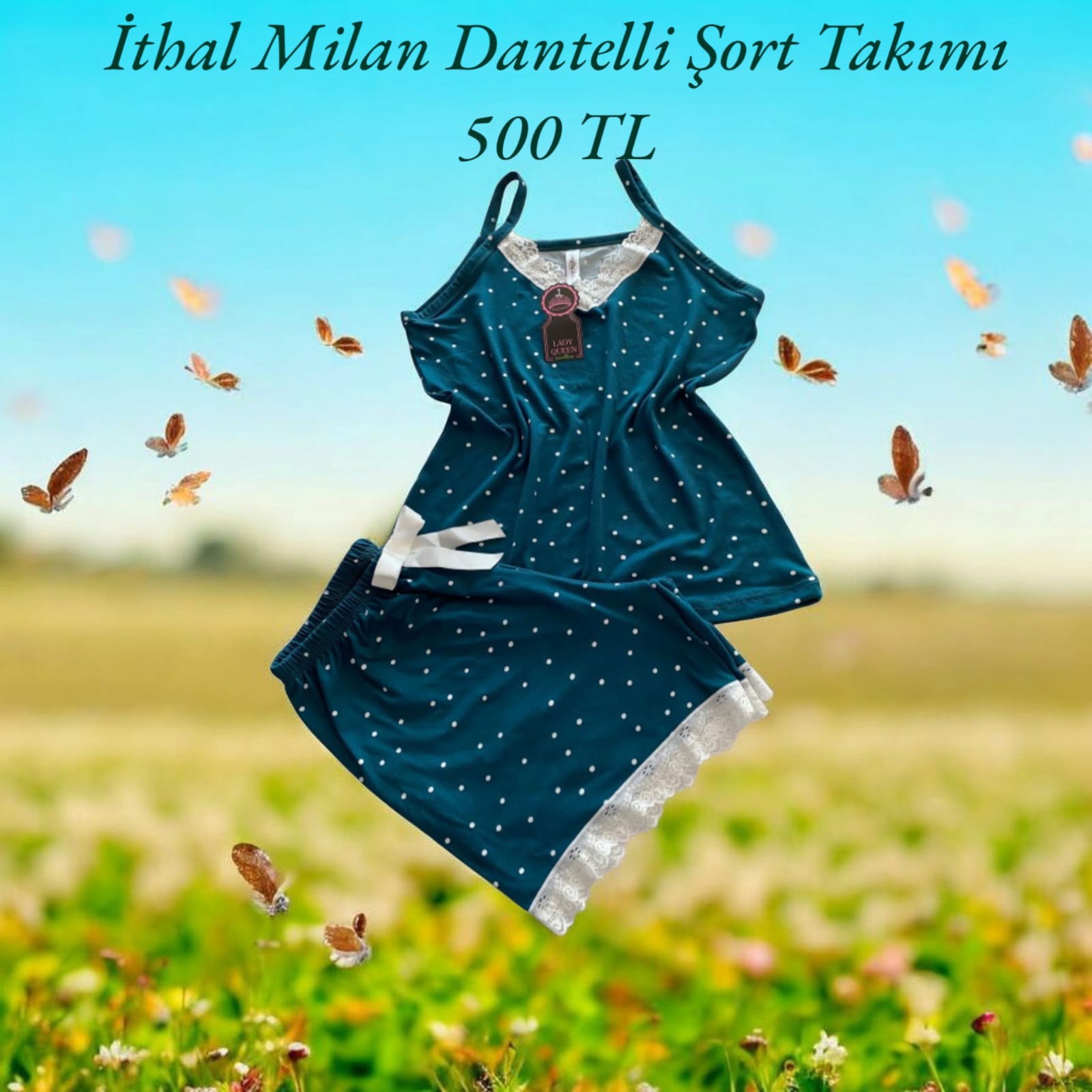 İthal Milan Dantelli Pijama Şort Takımı Puanlı Koyu Yeşil 6008