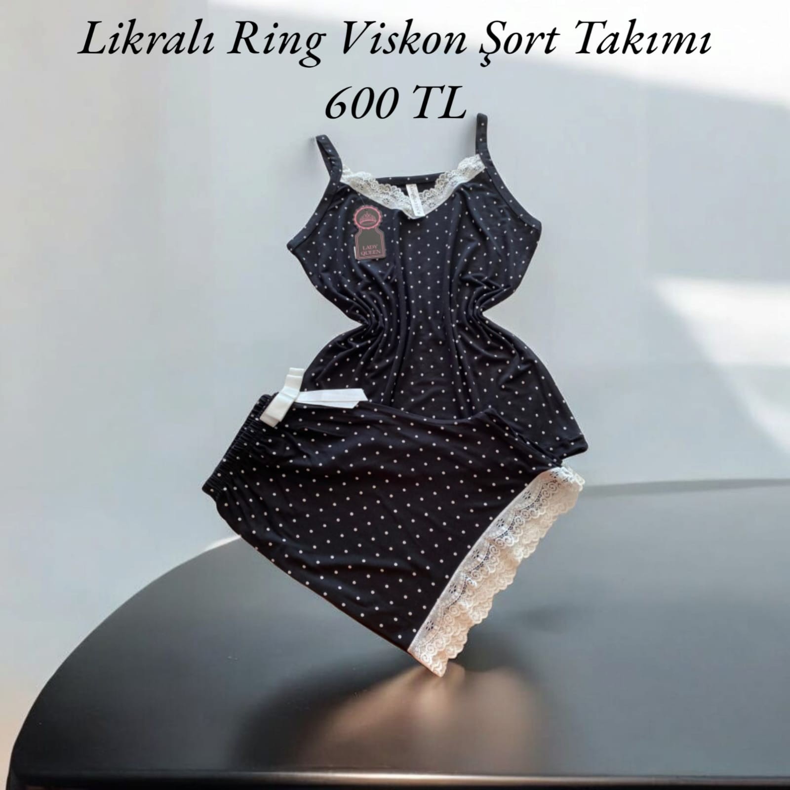 Likralı Ring Viskon Pijama Şort Takımı Puanlı Mavi 6016