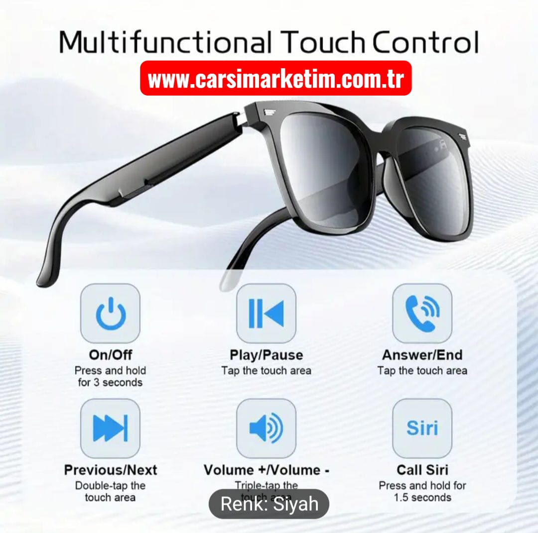 ANKRIYUL Kablosuz Kulaklıklı Kare Güneş Gözlüğü Siyah Cam Siyah Çerçeve