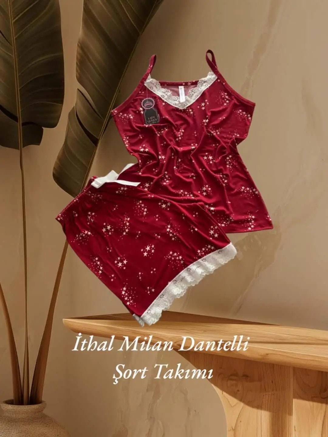 İthal Milan Dantelli Pijama Şort Takımı Yıldız Adası Kırmızı 6008