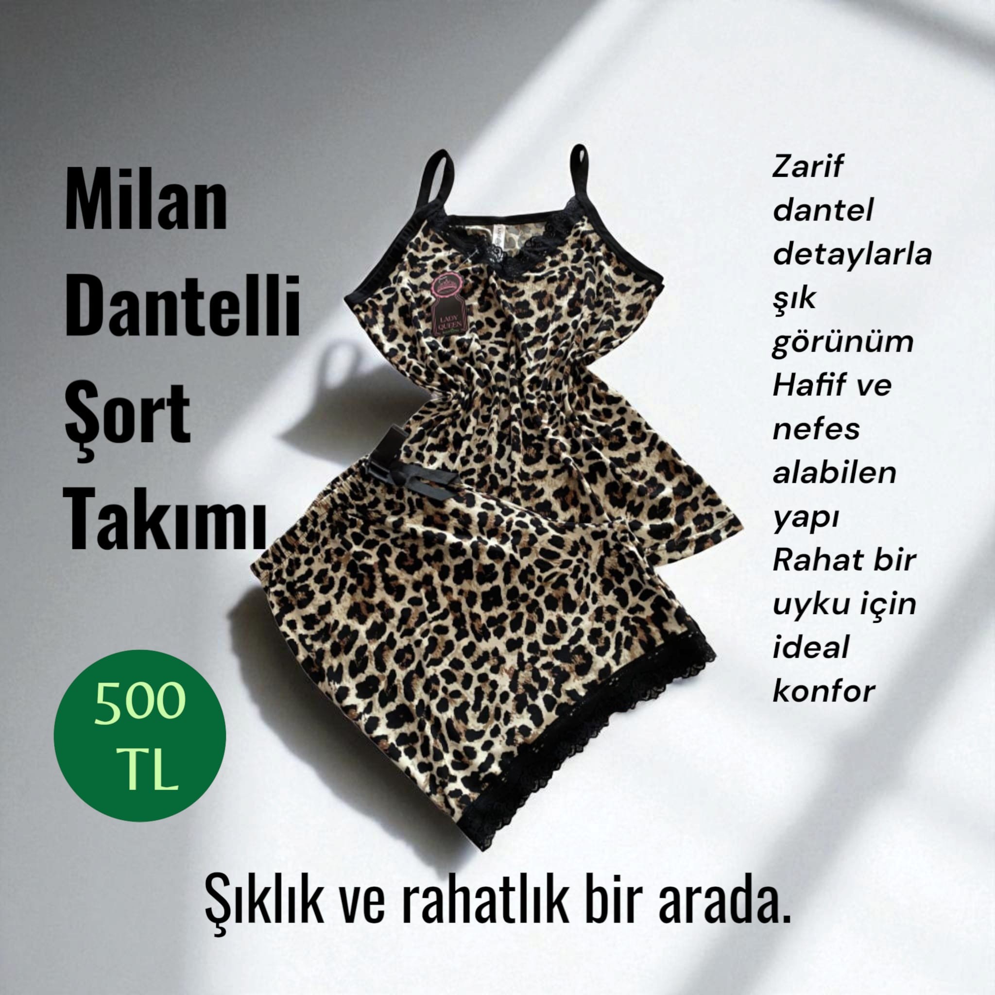 İthal Milan Dantelli Pijama Şort Takımı Leopar 6008