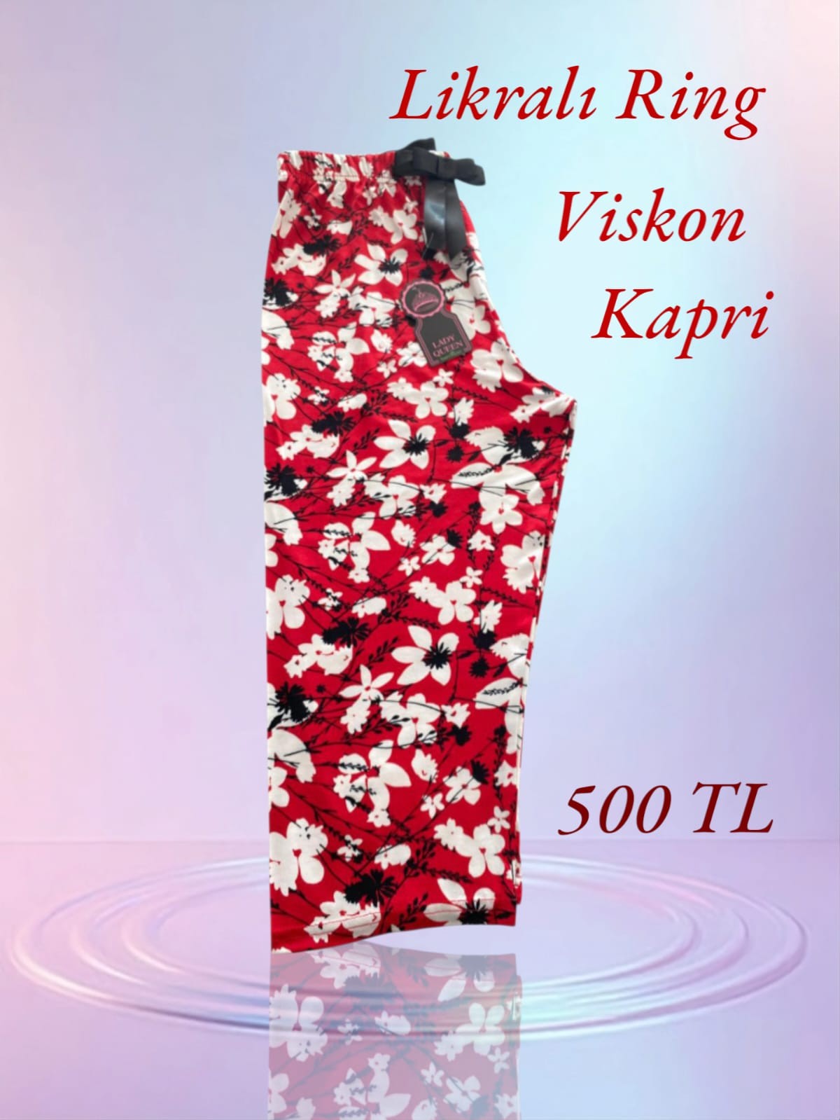 Likralı Ring Viskon Pijama Kapri Beyaz Çiçekli Kırmızı 6014