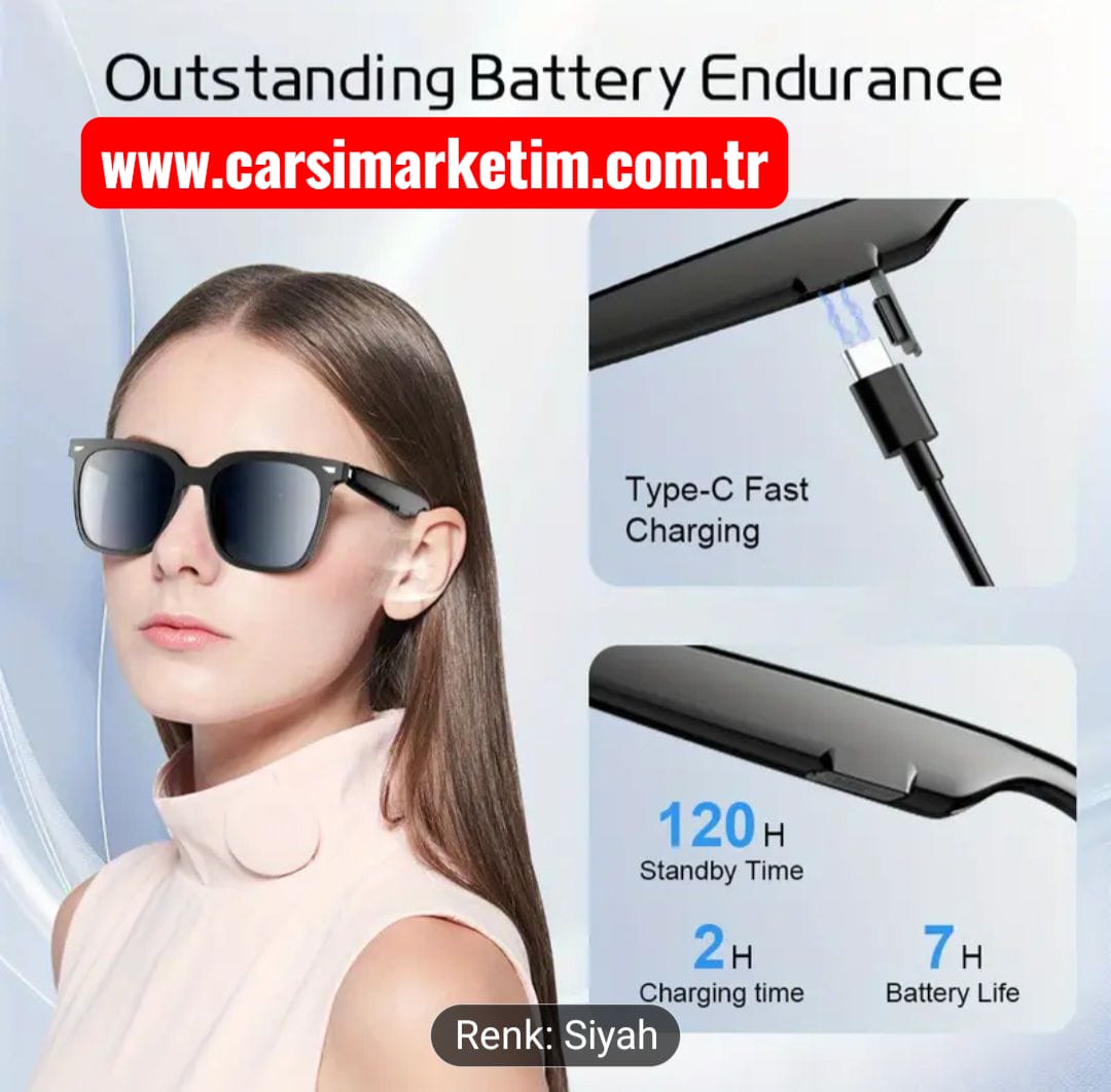 ANKRIYUL Kablosuz Kulaklıklı Kare Güneş Gözlüğü Siyah Cam Siyah Çerçeve