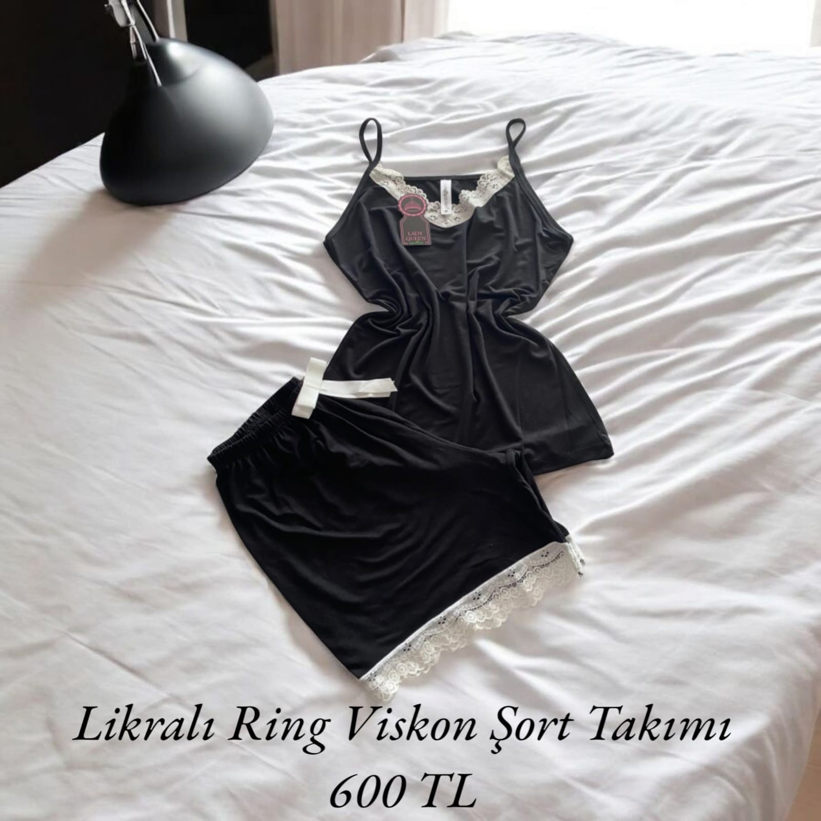 Likralı Ring Viskon Pijama Şort Takımı Düz Siyah 6016