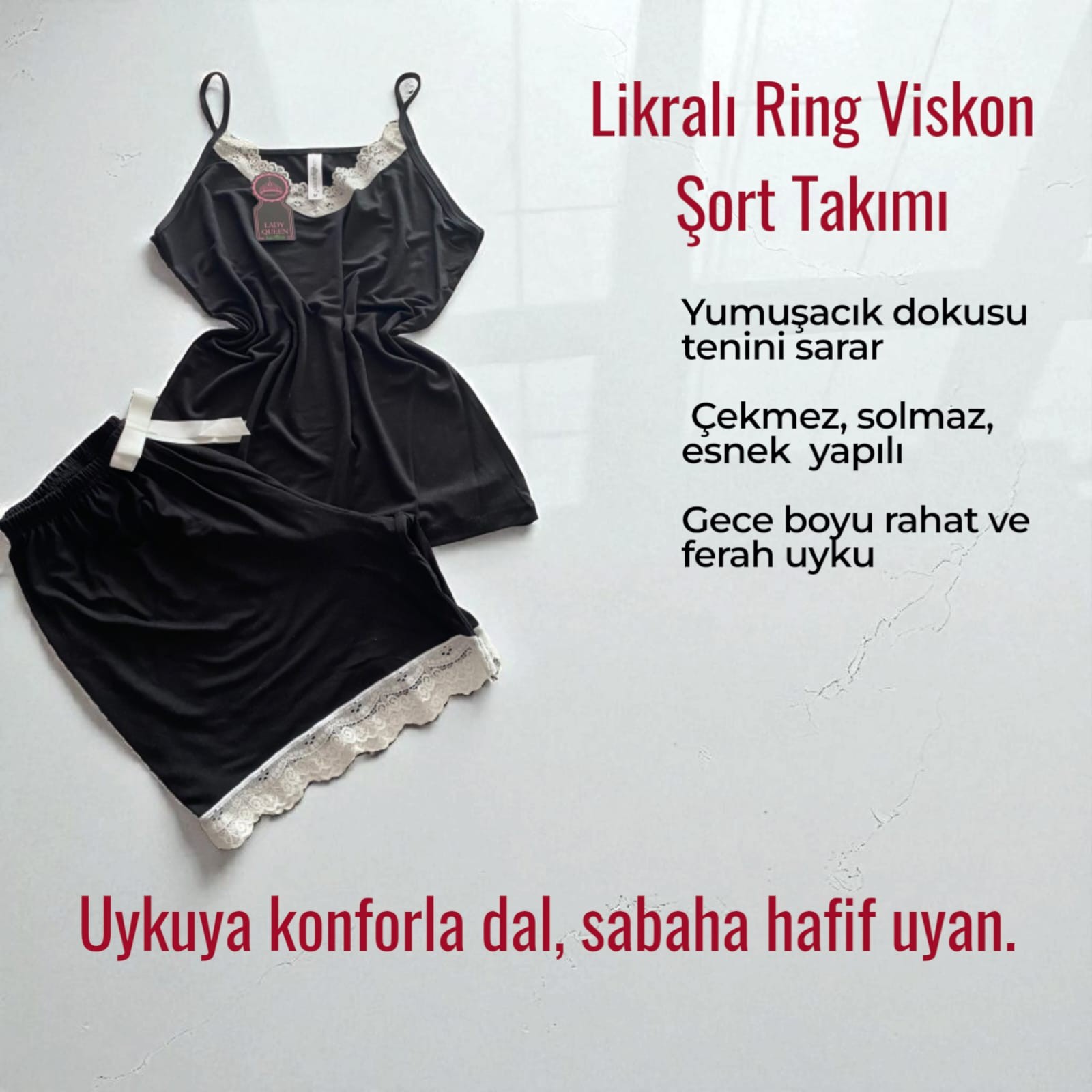 Likralı Ring Viskon Pijama Şort Takımı Düz Siyah 6016