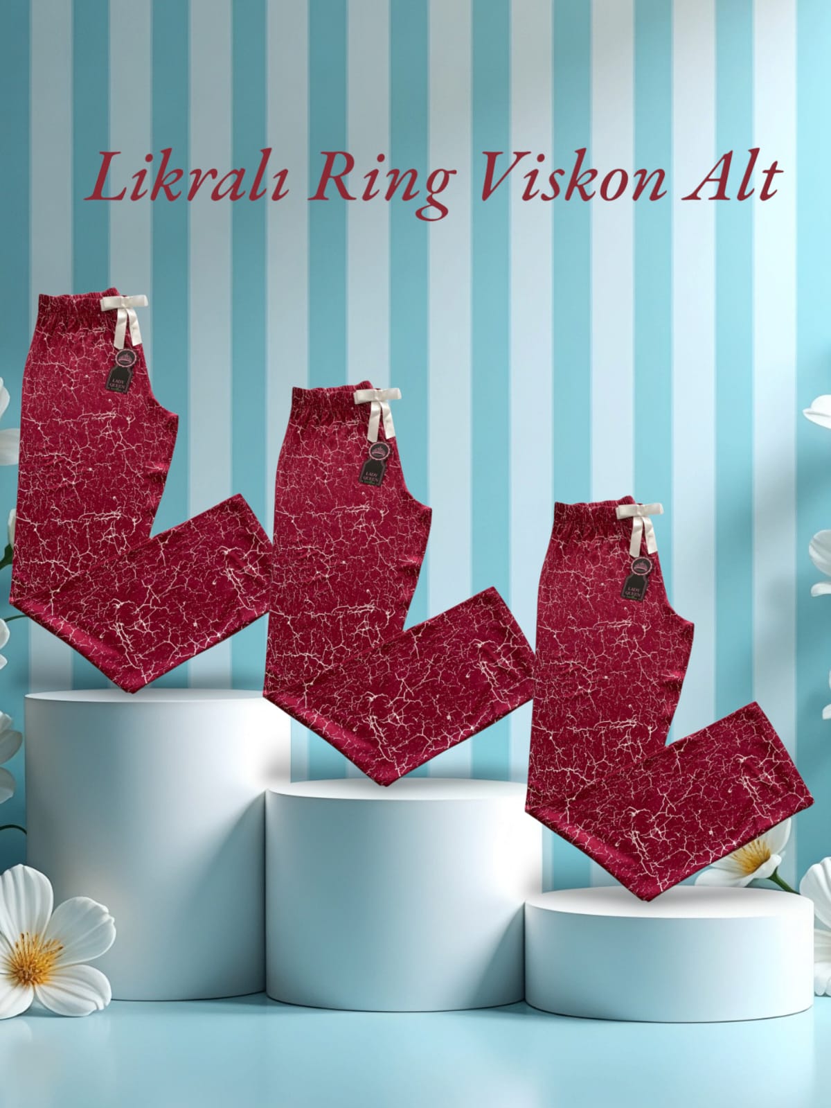Likralı Ring Viskon Pijama Alt Mozaik Kırmızı 6018