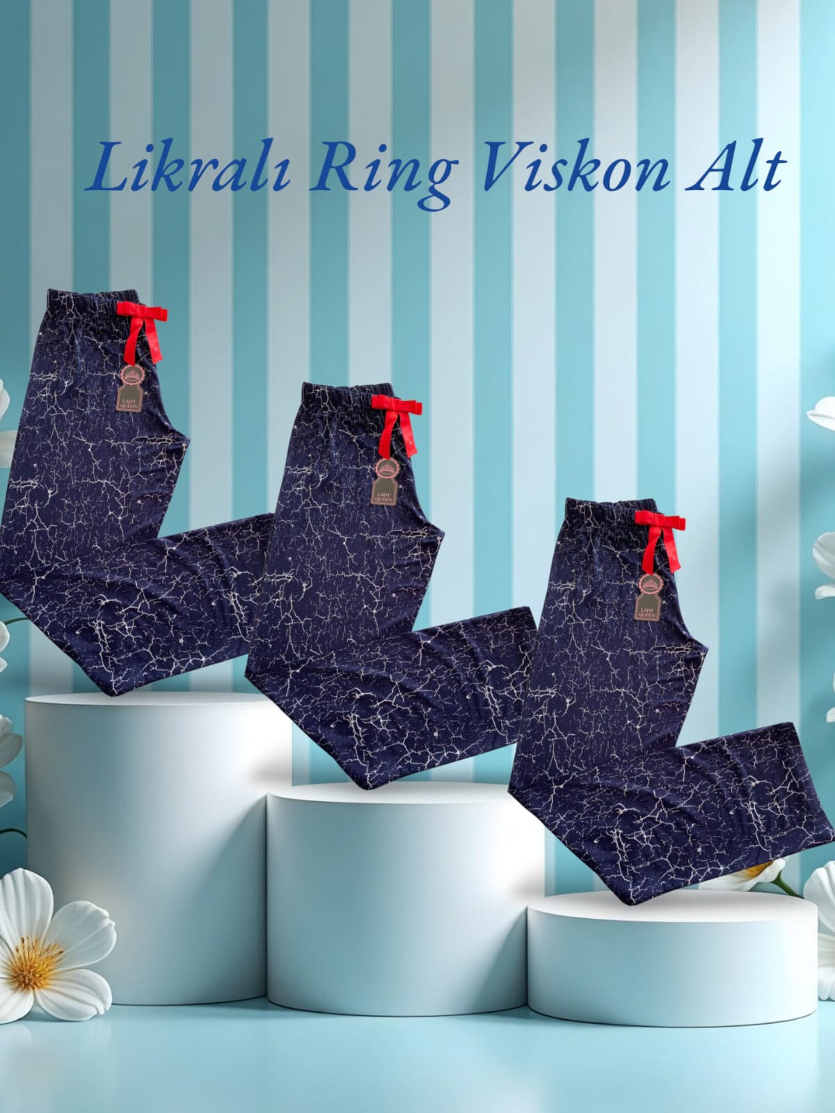 Likralı Ring Viskon Pijama Alt Mozaik Mavi 6018