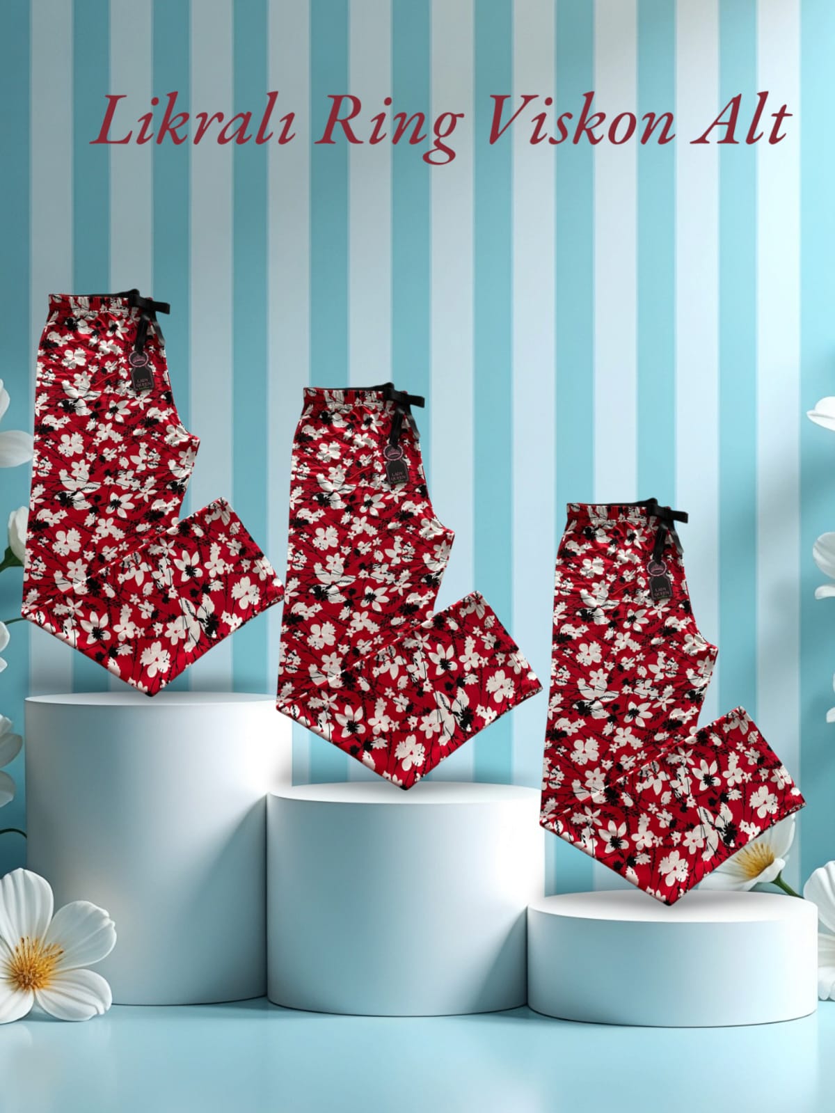 Likralı Ring Viskon Pijama Alt Beyaz Çiçekli Kırmızı 6013