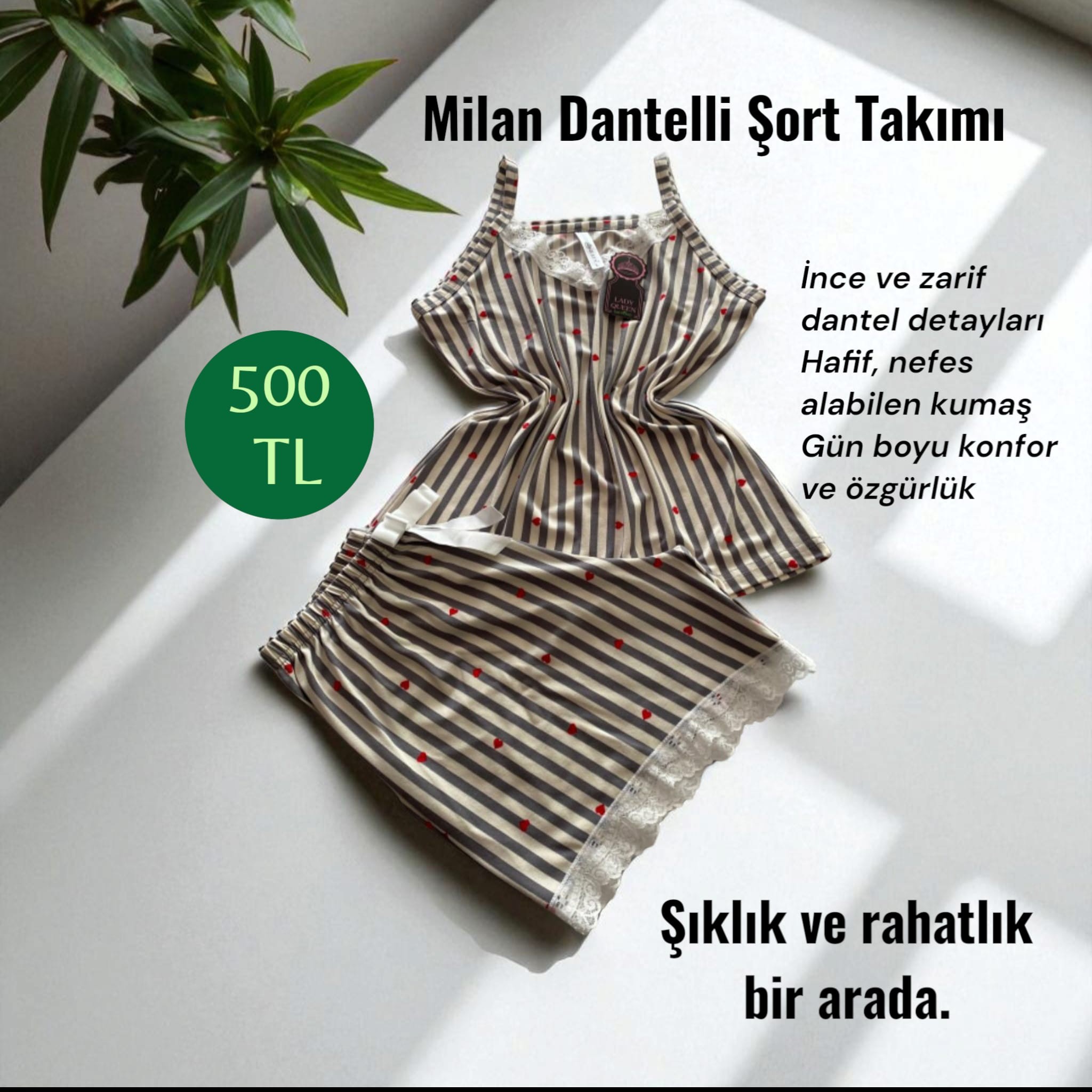 İthal Milan Dantelli Pijama Şort Takımı Çizgili Kalpli Gri 6008