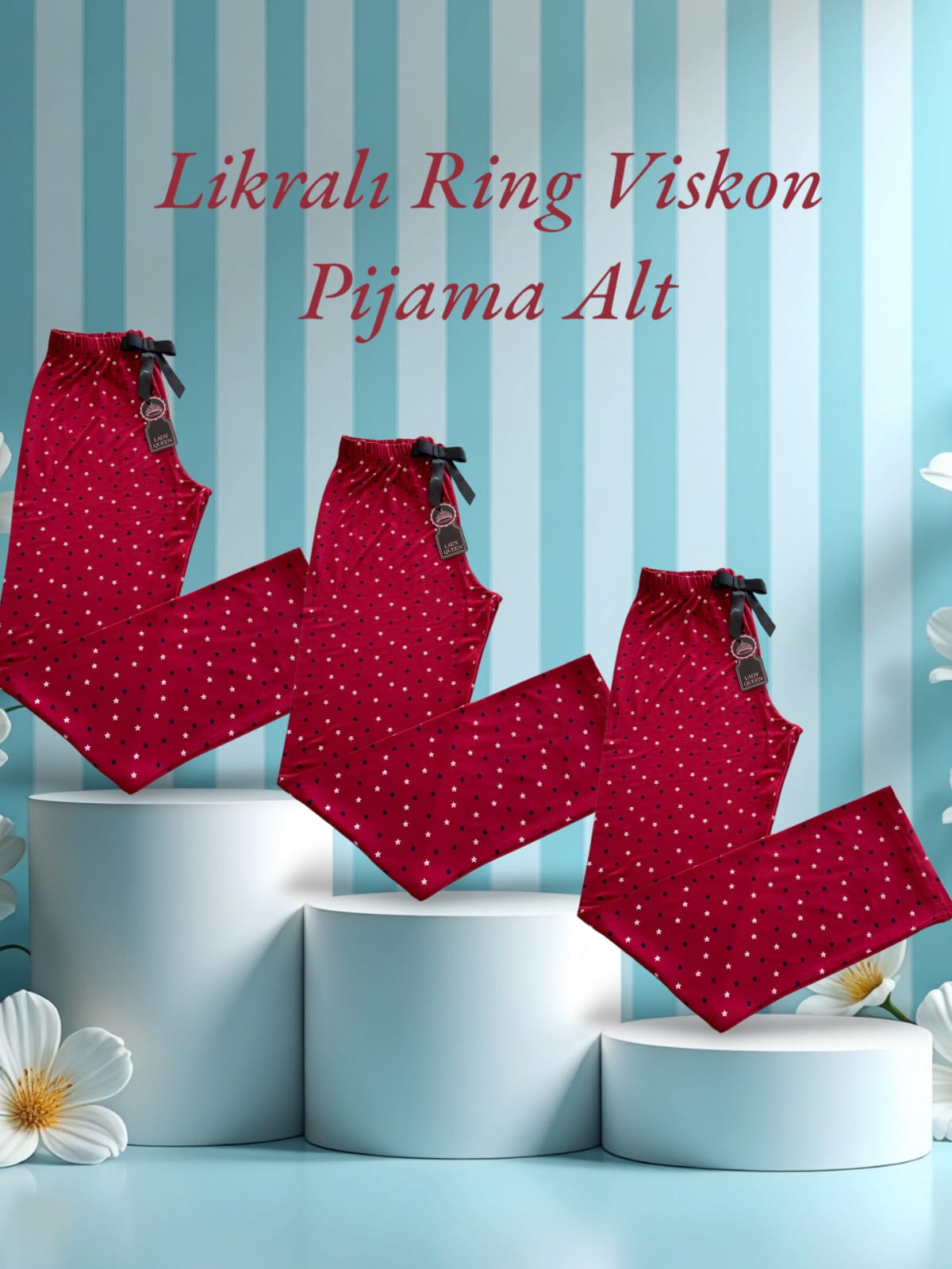 Likralı Ring Viskon Pijama Alt Siyah-Beyaz Yıldızlı Kırmızı 6018