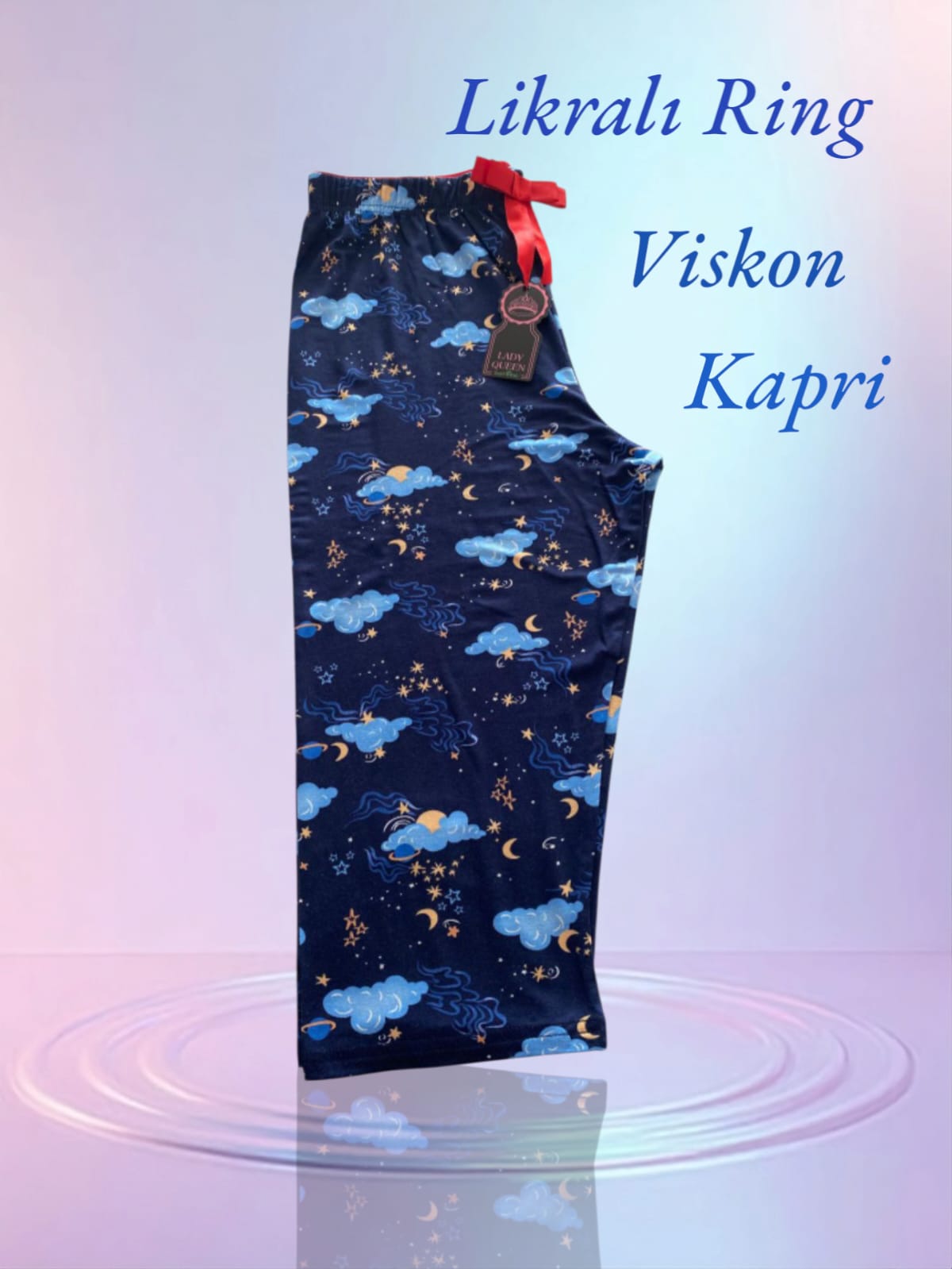 Likralı Ring Viskon Pijama Kapri Gece Ay Yıldız Bulut Mavi 6014