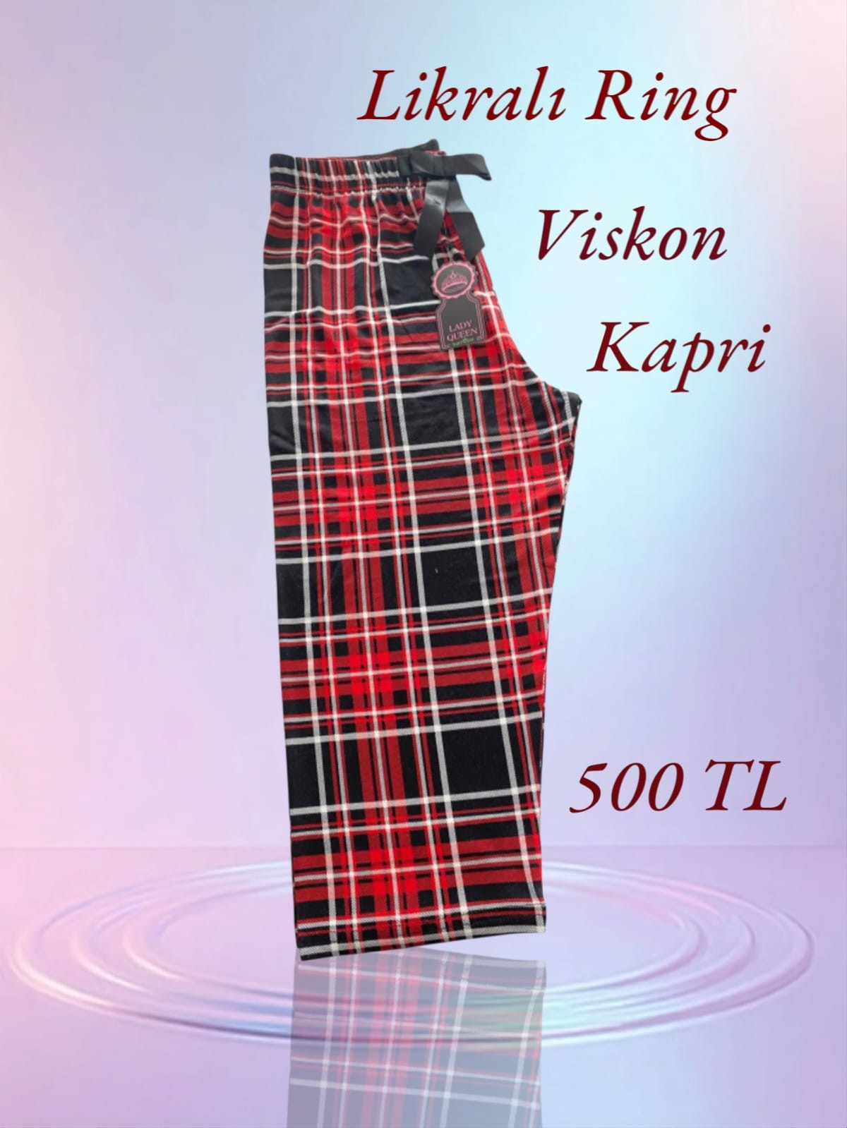 Likralı Ring Viskon Pijama Kapri Geniş Kareli Siyah Zemin Kırmızı Çizgili 6014