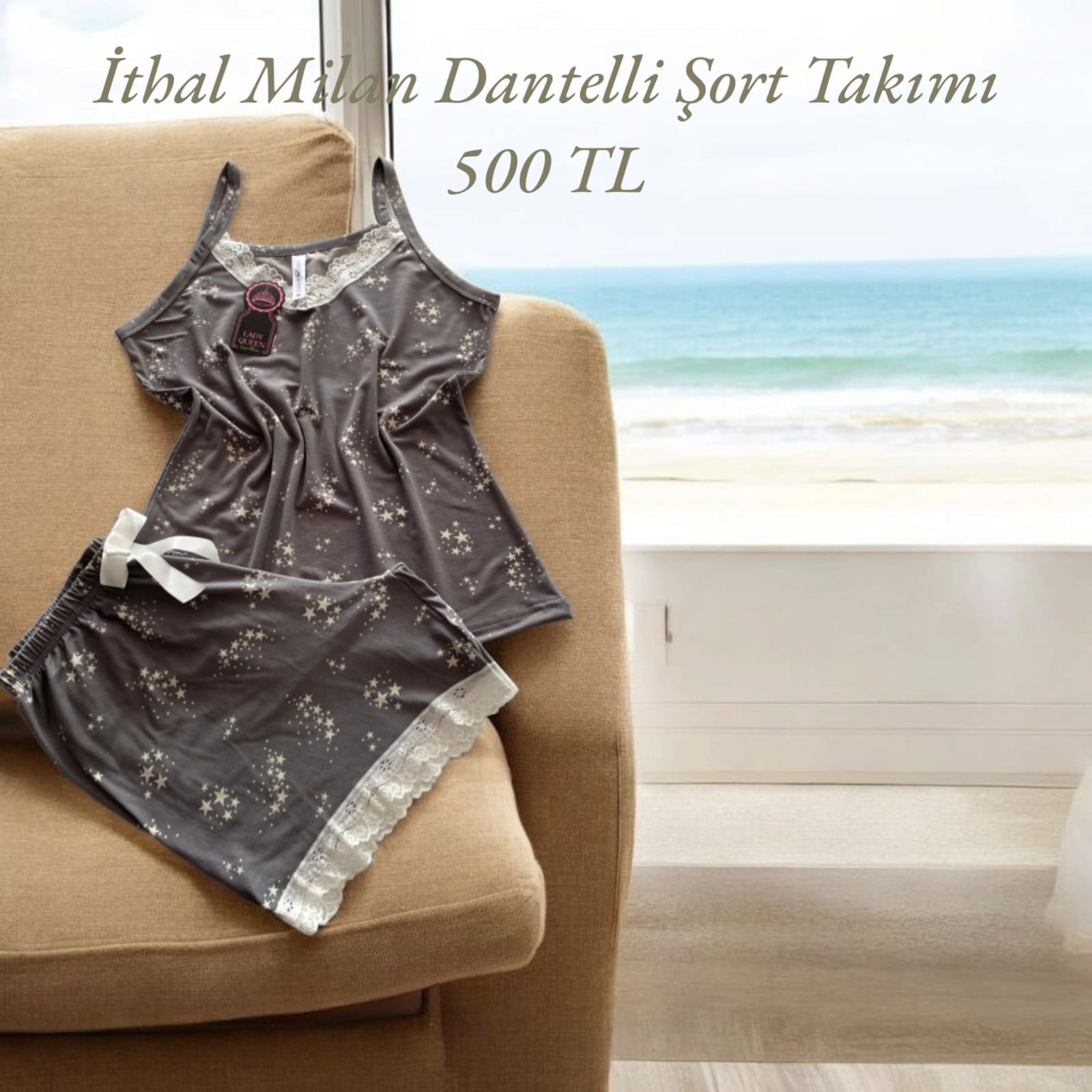 İthal Milan Dantelli Pijama Şort Takımı Yıldız Adası Gri 6008