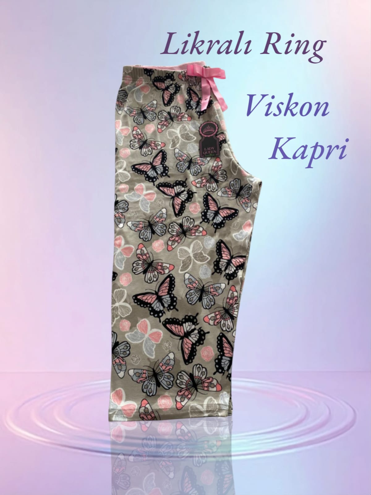 Likralı Ring Viskon Pijama Kapri Kelebekli Parlak Gri 6014