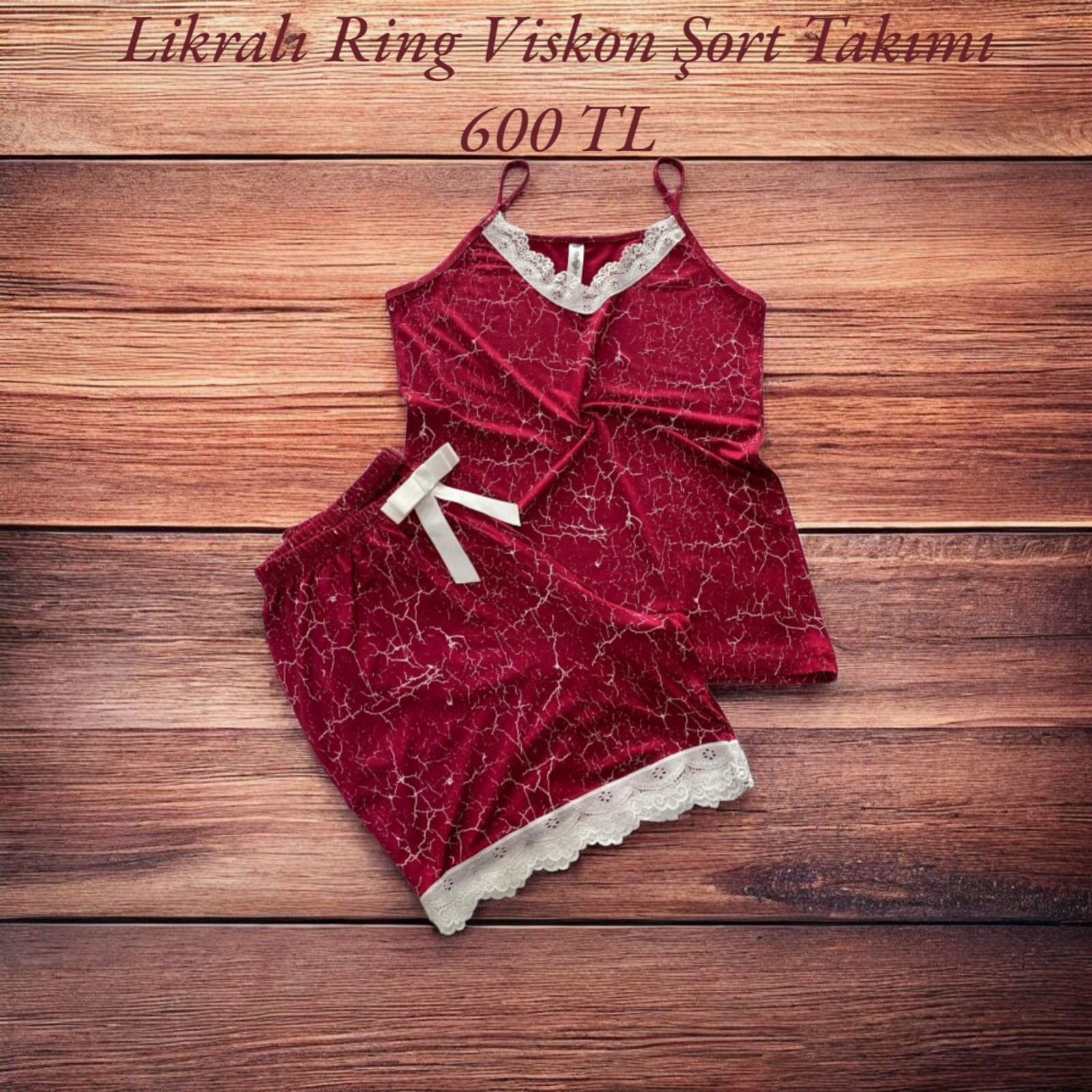 Likralı Ring Viskon Pijama Şort Takımı Mozaik Kırmızı 6016