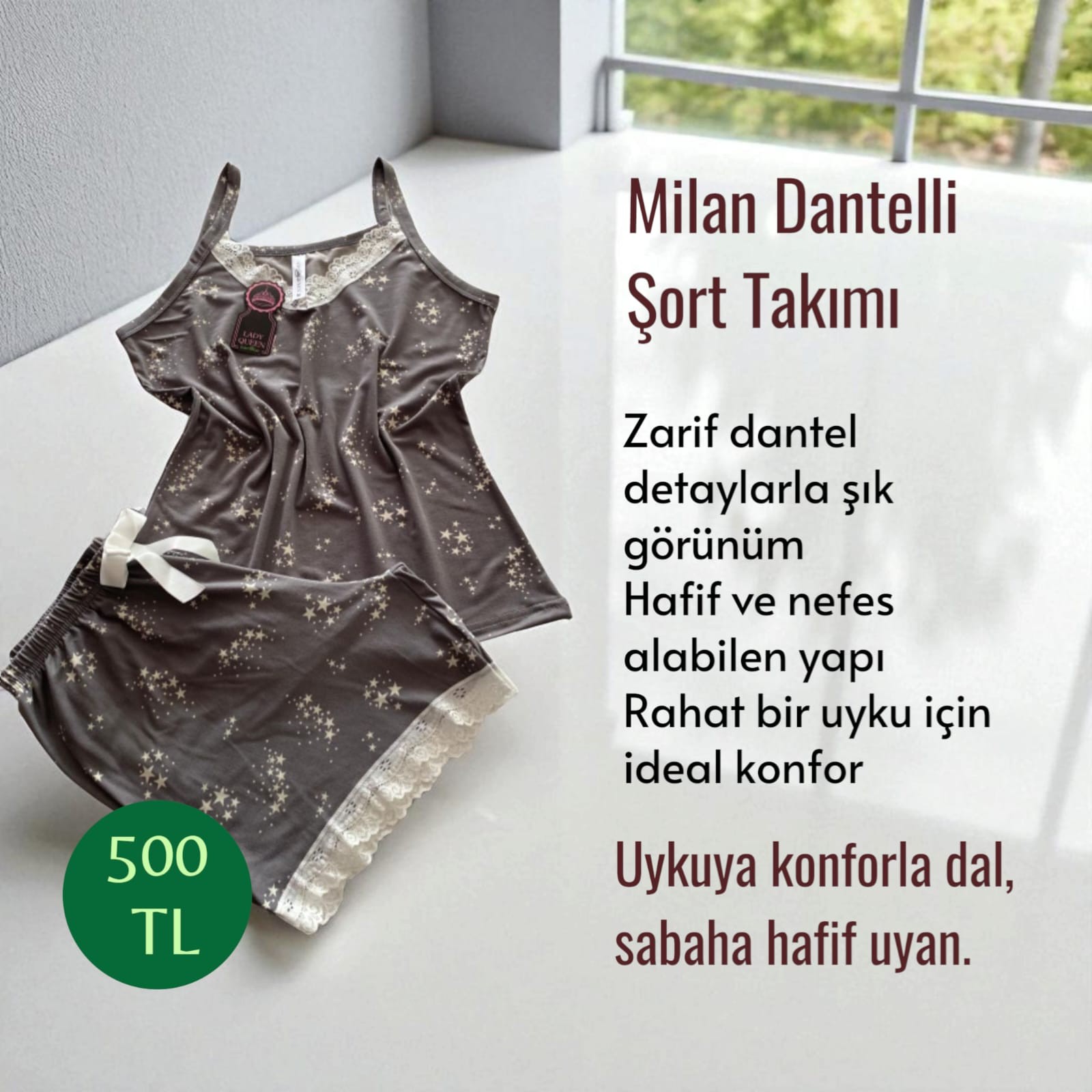 İthal Milan Dantelli Pijama Şort Takımı Yıldız Adası Gri 6008