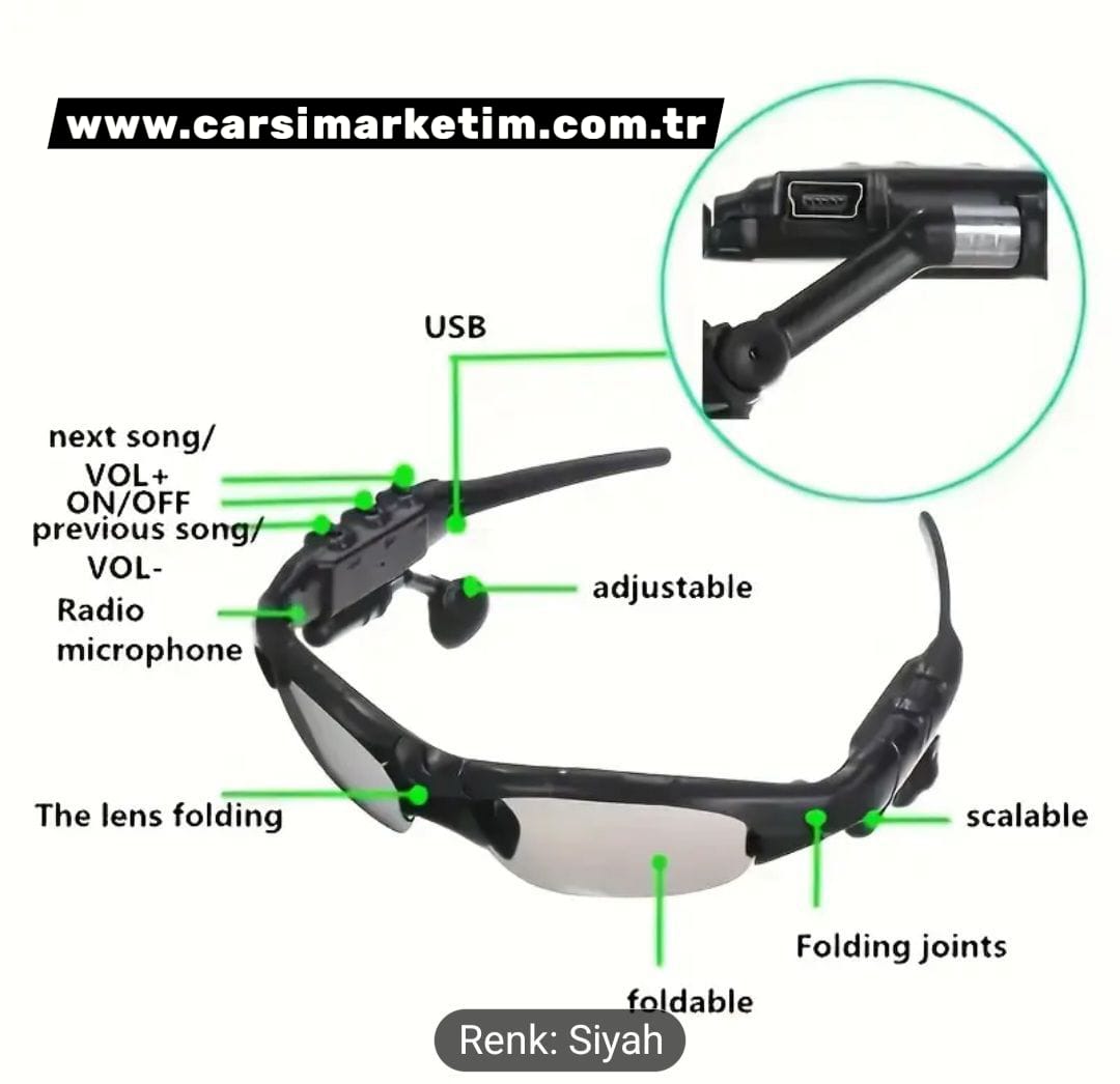 ANKRIYUL Kablosuz Kulaklıklı Güneş Gözlüğü Siyah Cam Siyah Çerçeve