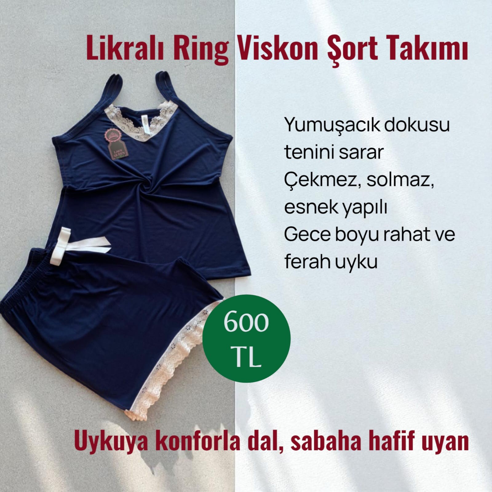 Likralı Ring Viskon Pijama Şort Takımı Düz Mavi 6016