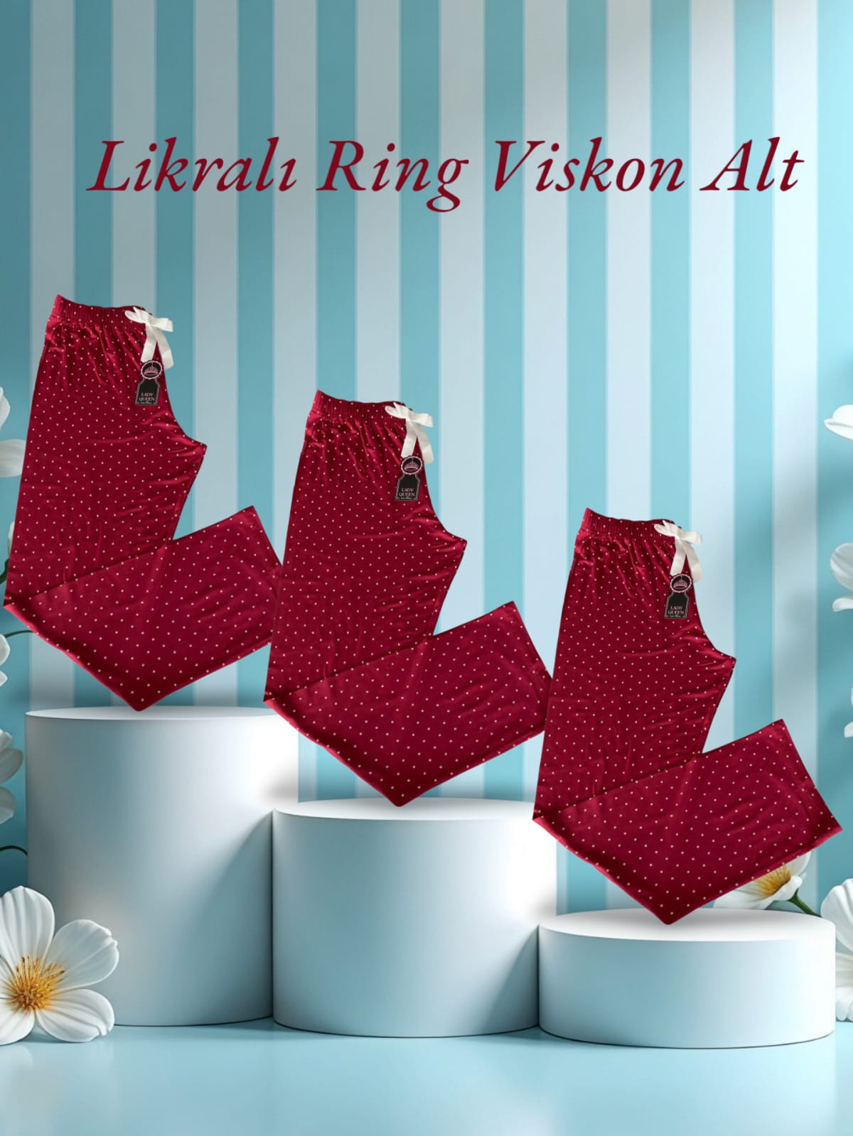Likralı Ring Viskon Pijama Alt Puanlı Kırmızı 6018