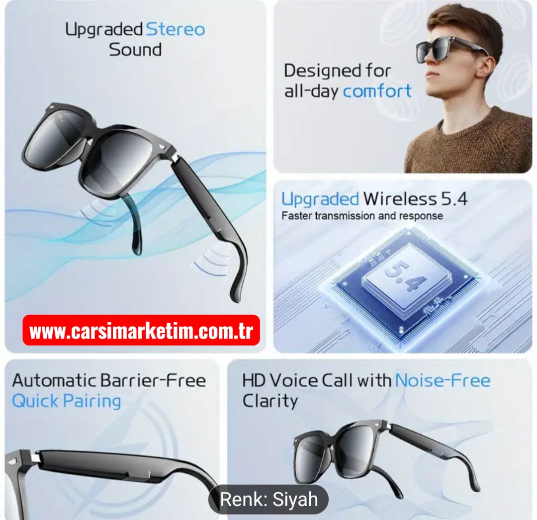 ANKRIYUL Kablosuz Kulaklıklı Kare Güneş Gözlüğü Siyah Cam Siyah Çerçeve