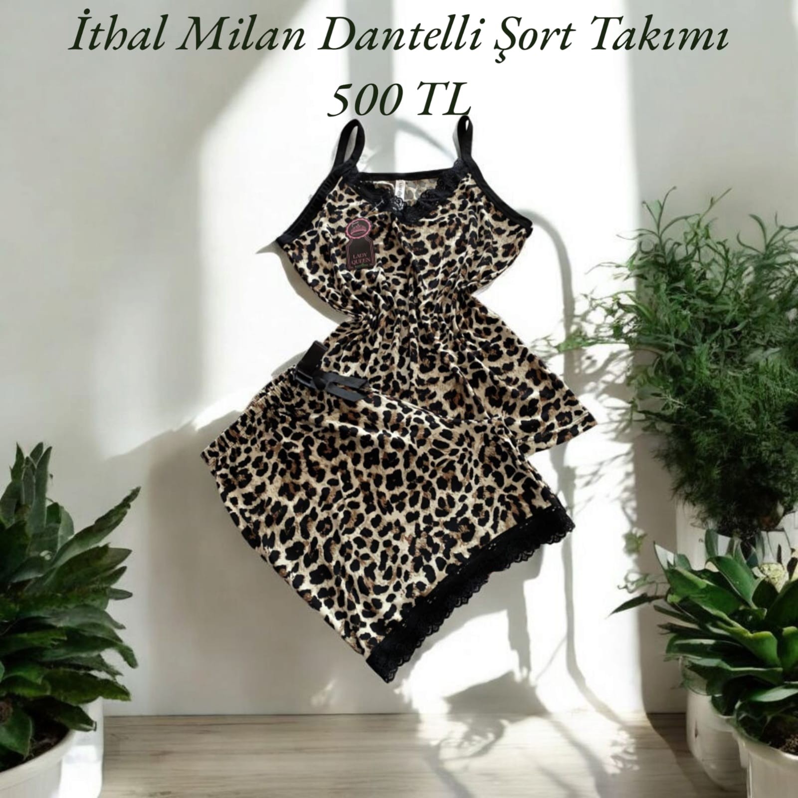 İthal Milan Dantelli Pijama Şort Takımı Leopar 6008