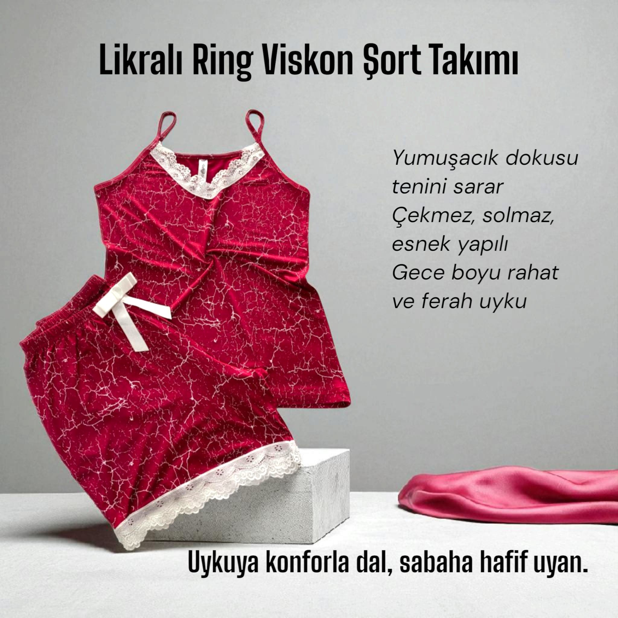 Likralı Ring Viskon Pijama Şort Takımı Mozaik Kırmızı 6016