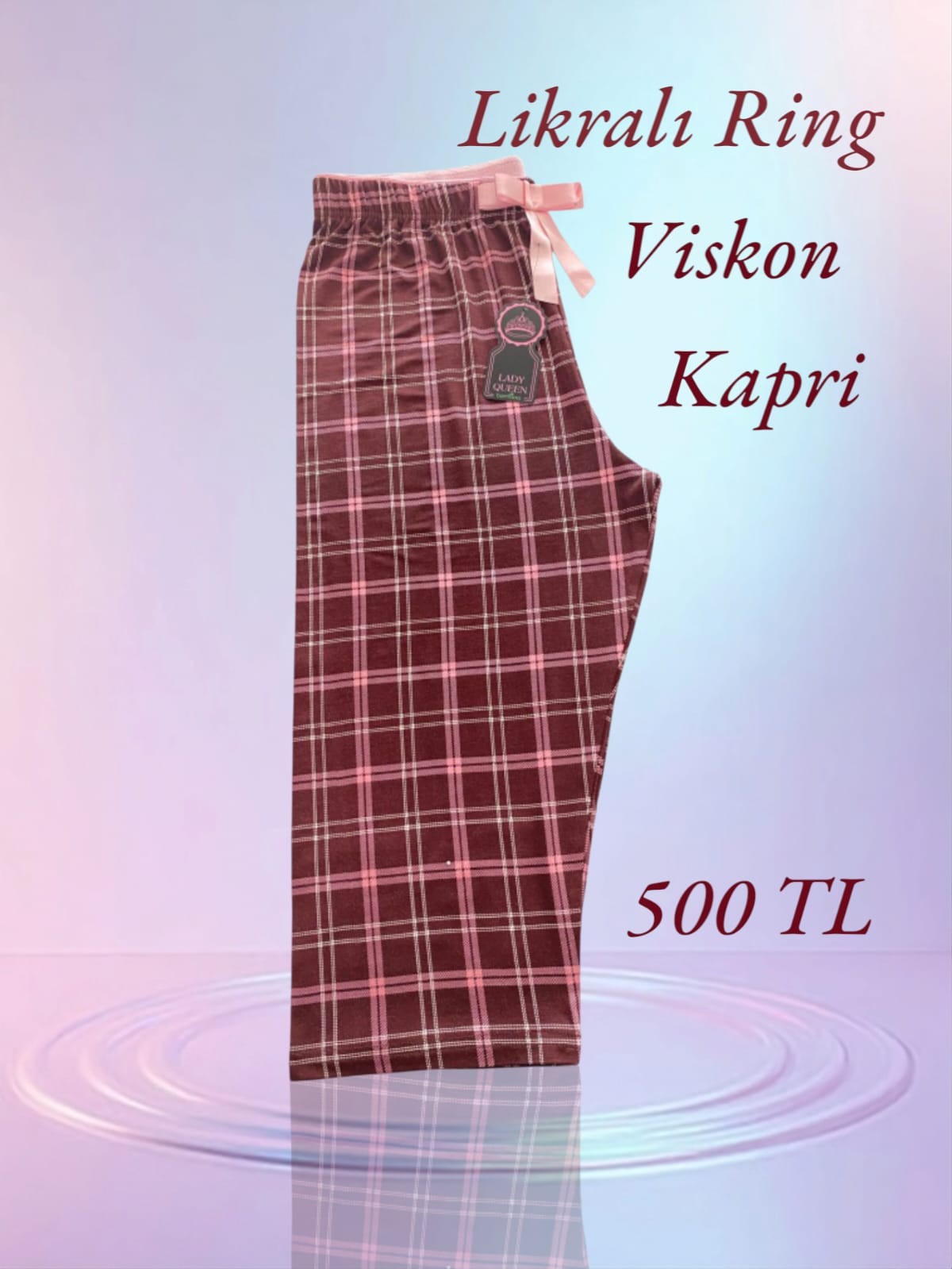 Likralı Ring Viskon Pijama Kapri Kareli Pembe 6014