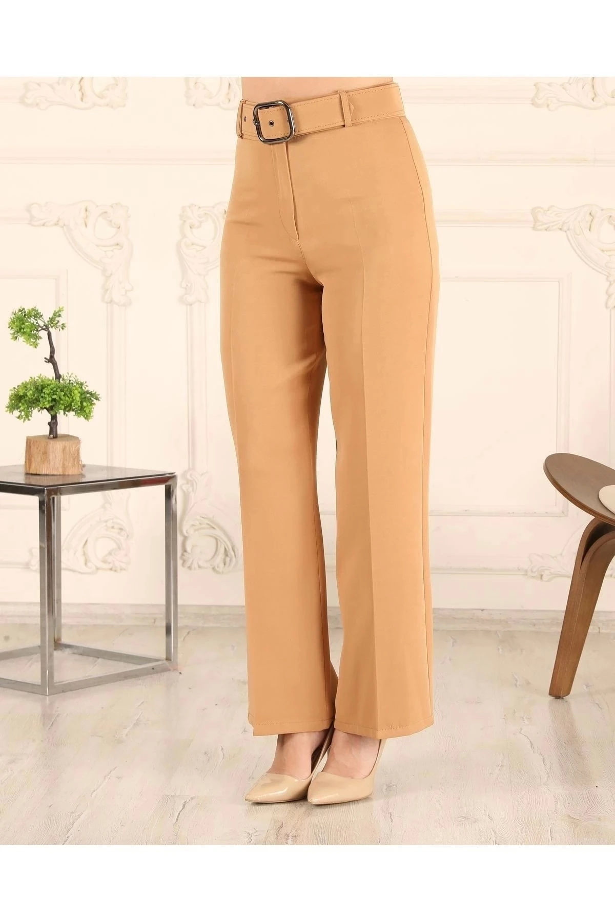 Kadın Bol Paça Kemerli Pantolon 10103 - Camel