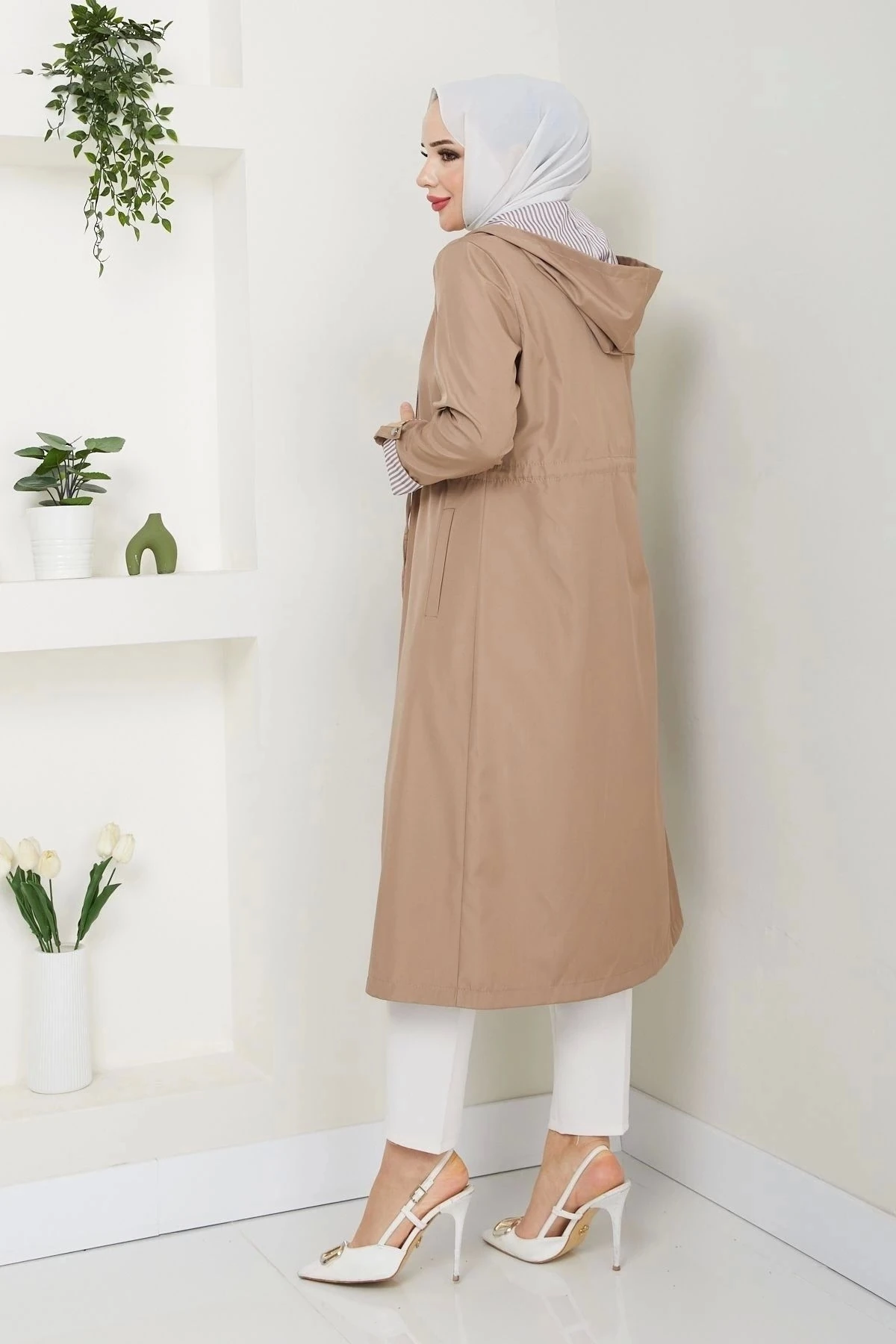 Kadın Uzun Giy Çık Trençkot 10104 - Vizon