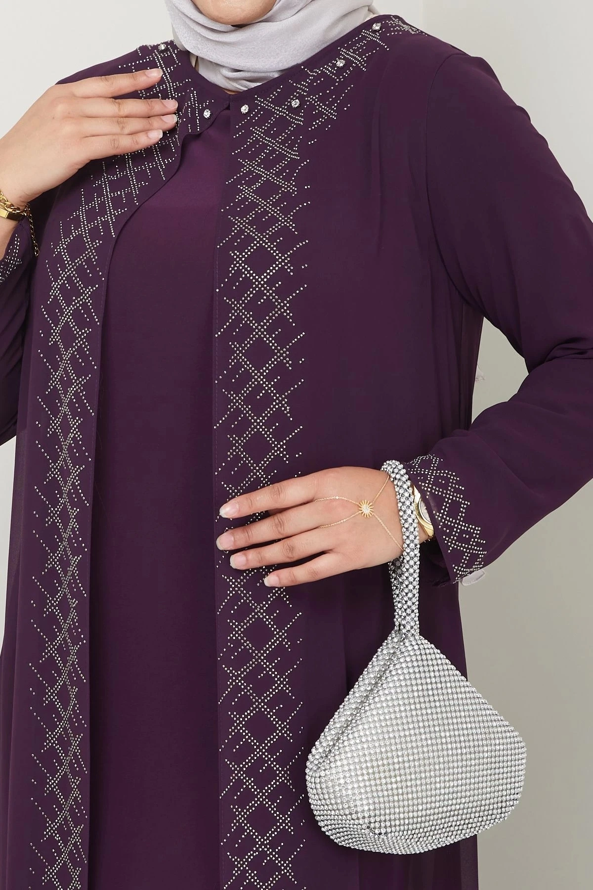 Kadın Büyük Beden Abiye Elbise Şifon Tesettür Abiye Elbise 10120 - Mürdüm