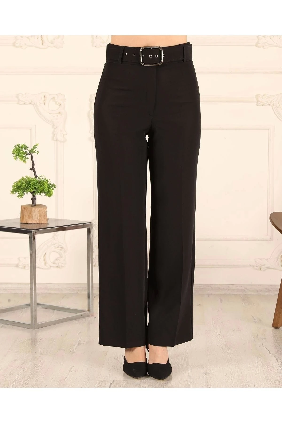 Kadın Bol Paça Kemerli Pantolon 10103 - Siyah