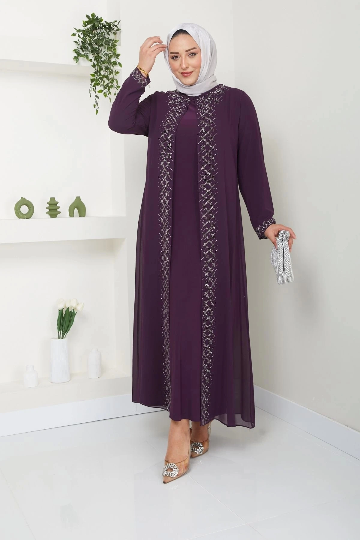 Kadın Büyük Beden Abiye Elbise Şifon Tesettür Abiye Elbise 10120 - Mürdüm