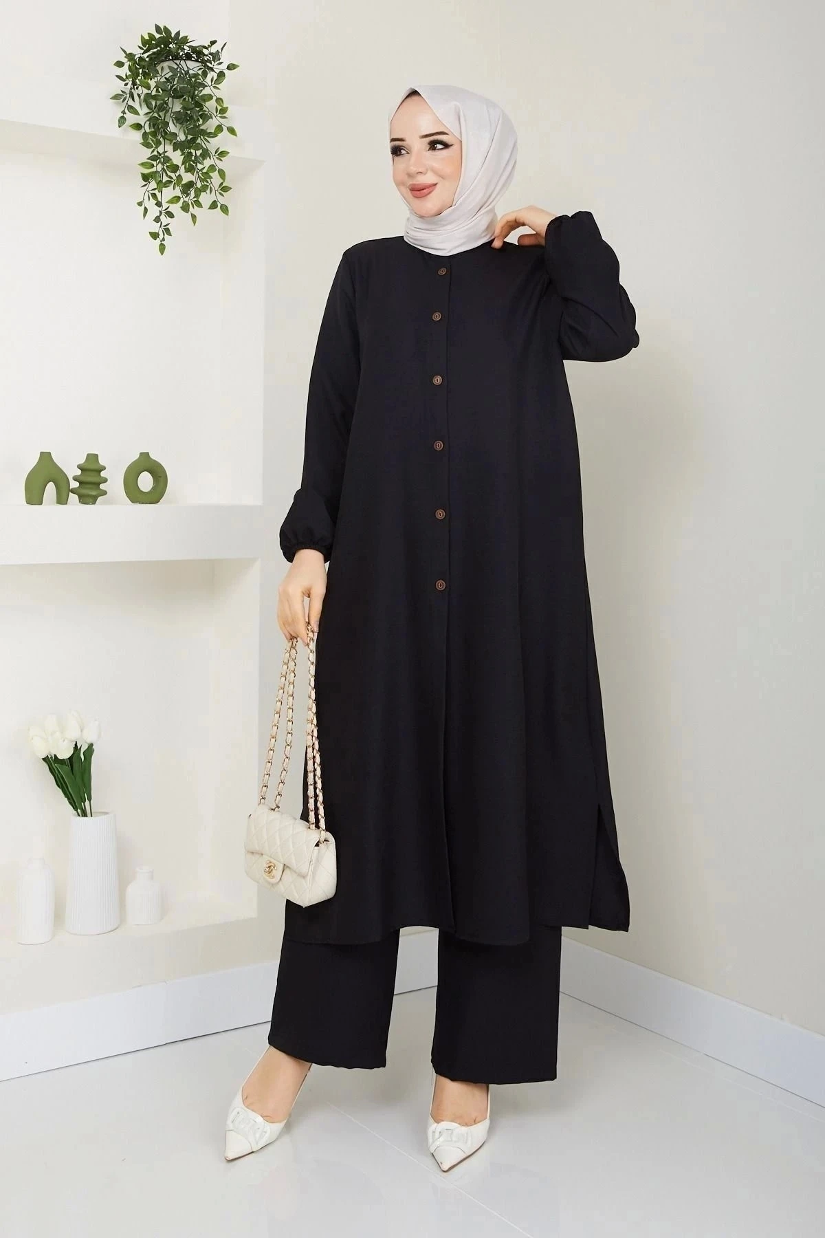 Kadın Büyük Beden Uzun  İkili Tesettür Tunik Takım 10110 - Si̇yah