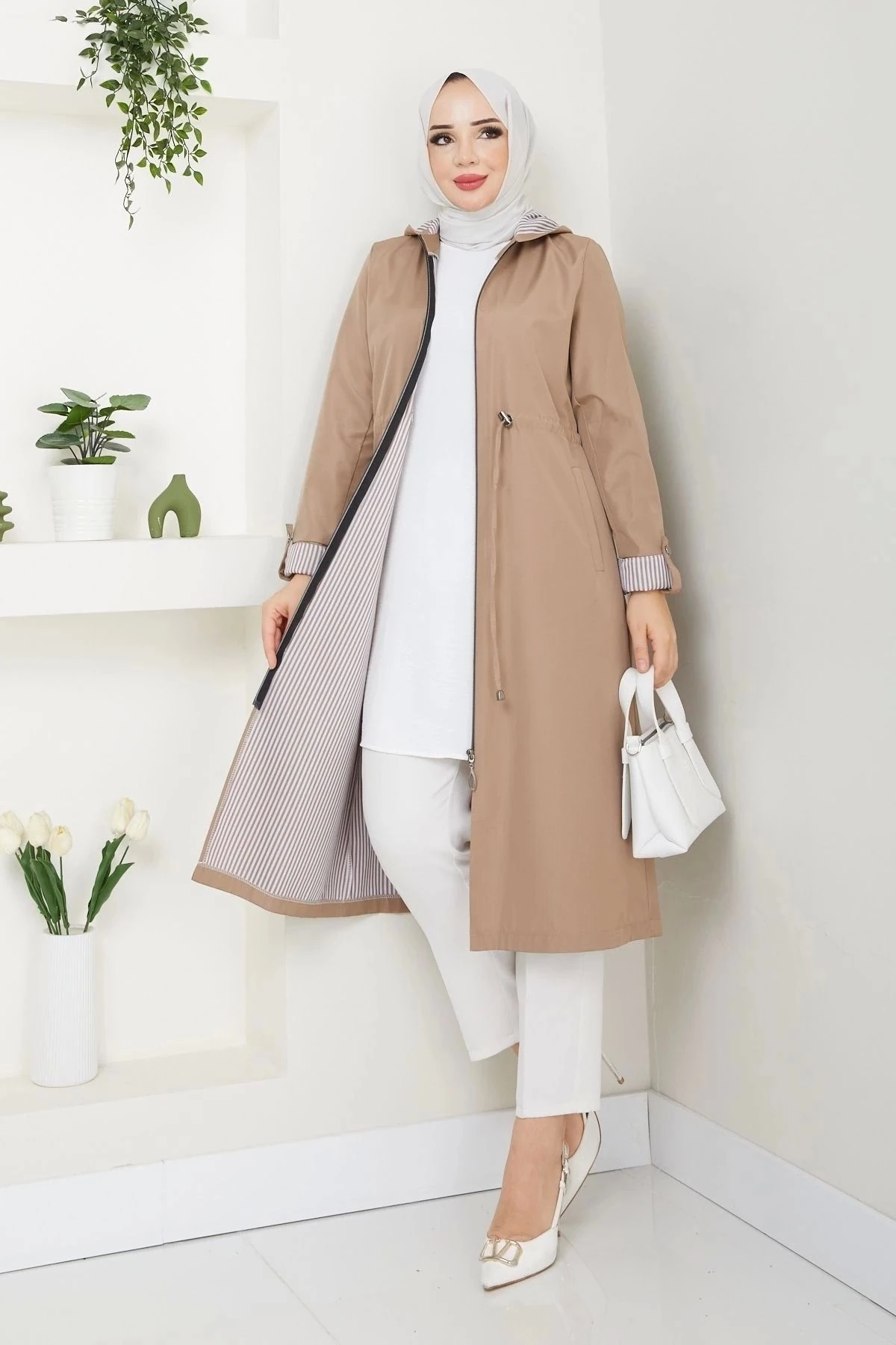 Kadın Uzun Giy Çık Trençkot 10104 - Vizon