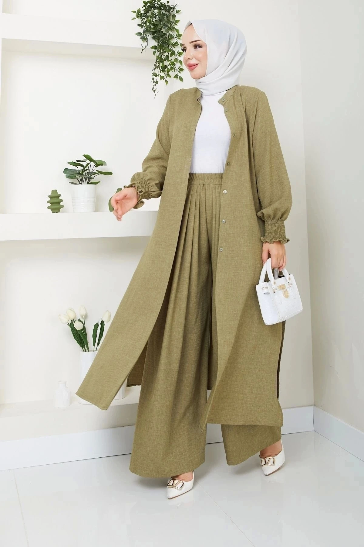 Kadın Uzun İkili Tesettür Tunik Takım 10114 - Yağ Yeşil