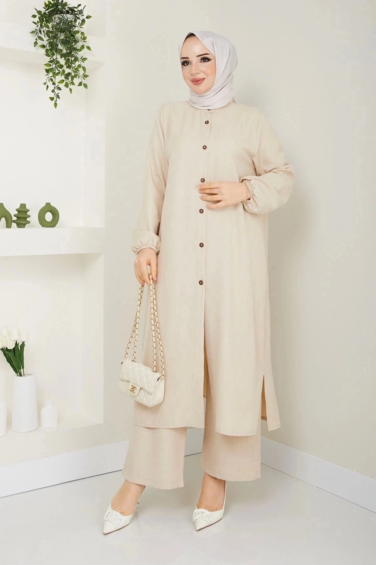 Kadın Büyük Beden Uzun  İkili Tesettür Tunik Takım 10110 - Taş