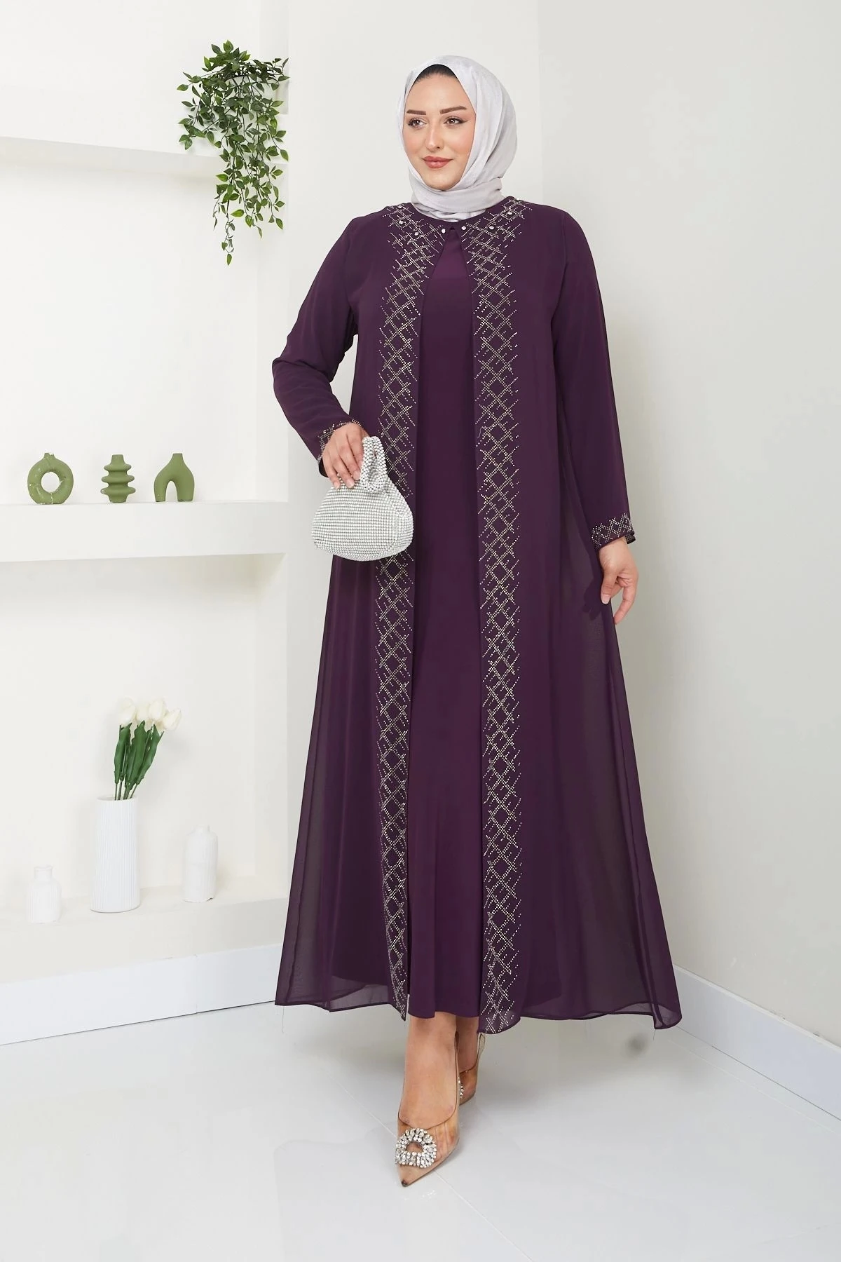 Kadın Büyük Beden Abiye Elbise Şifon Tesettür Abiye Elbise 10120 - Mürdüm