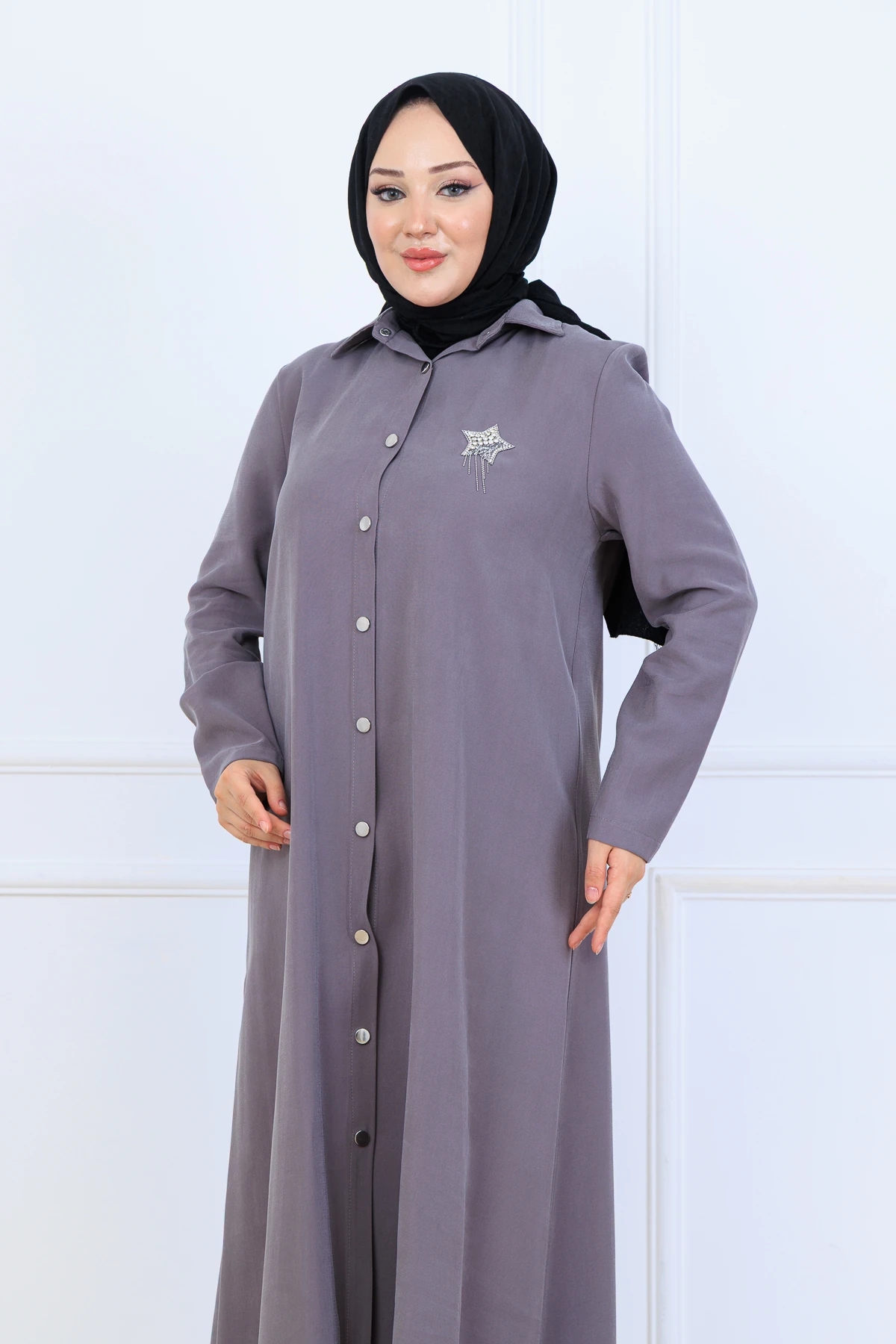 Yumuşak Organik Kumaş Gömlek Yaka Tesettür Kadın Uzun Tunik Pantolonlu İkili Takım 10133 - Gri