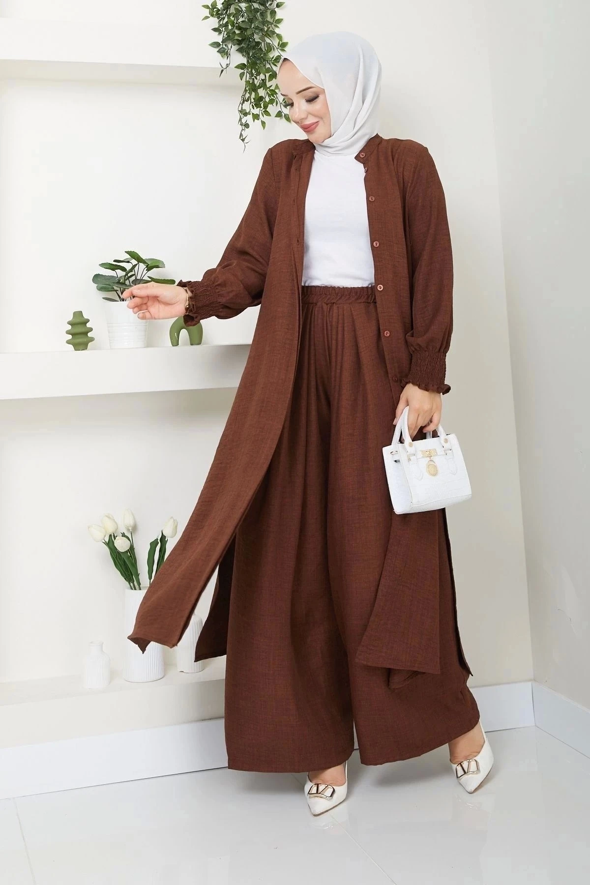 Kadın Uzun İkili Tesettür Tunik Takım 10114 - Kahverengi