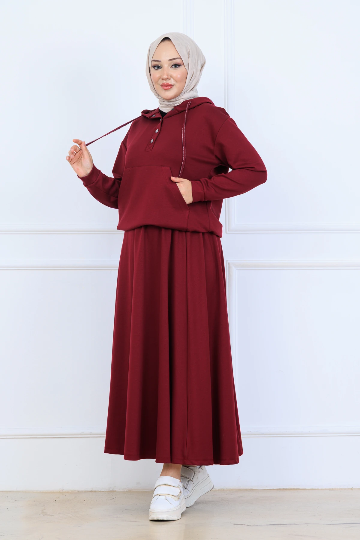 Çilek Kumaş Kapşonlu Sweat Etekli Kadın İkili Takım 10130 - Bordo