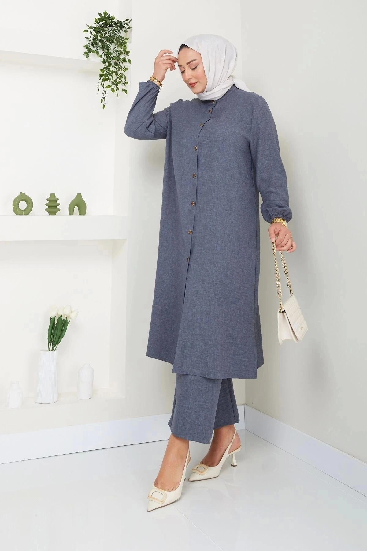 Kadın Büyük Beden Uzun  İkili Tesettür Tunik Takım 10110 - Antrasi̇t.