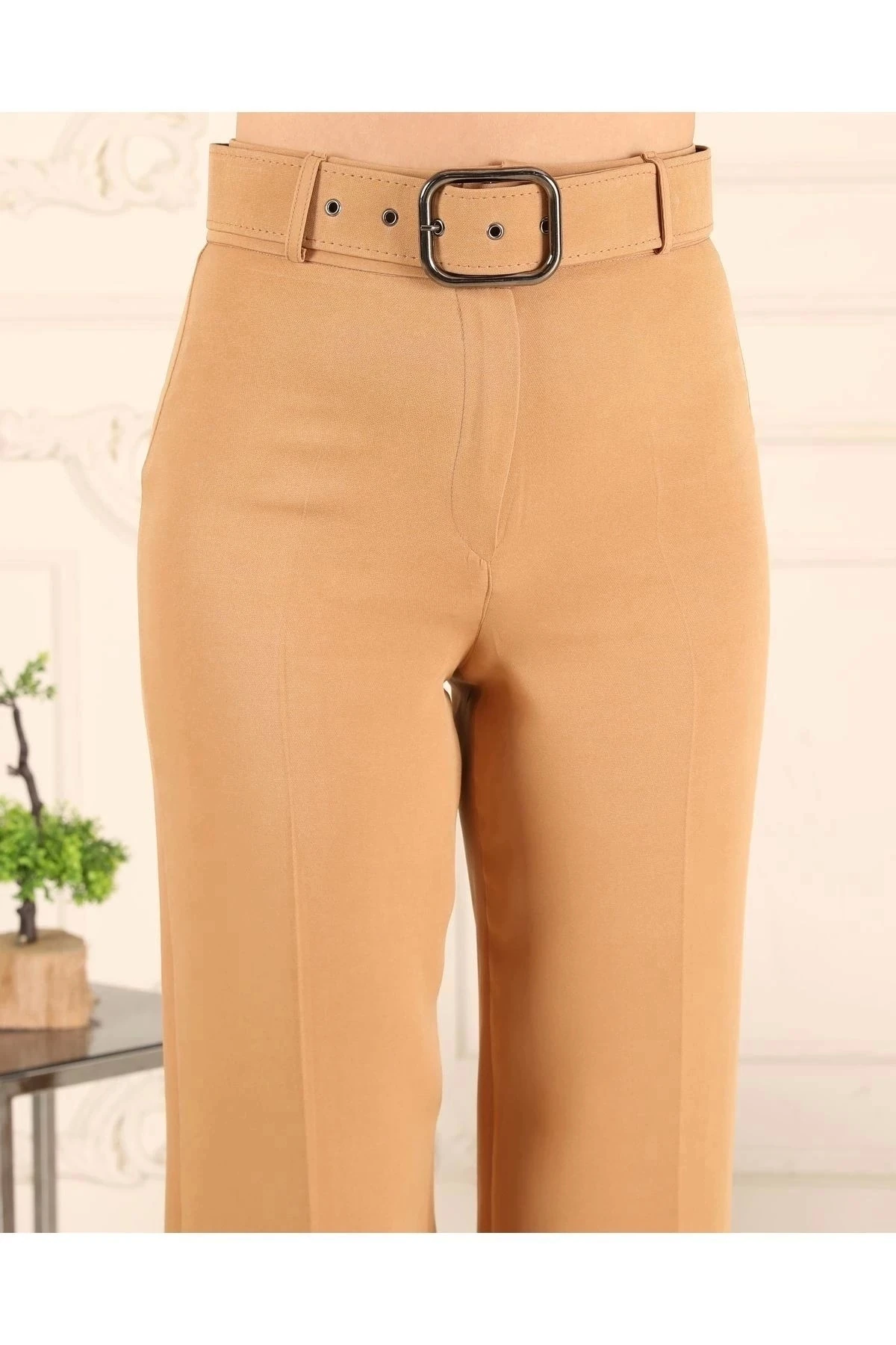 Kadın Bol Paça Kemerli Pantolon 10103 - Camel