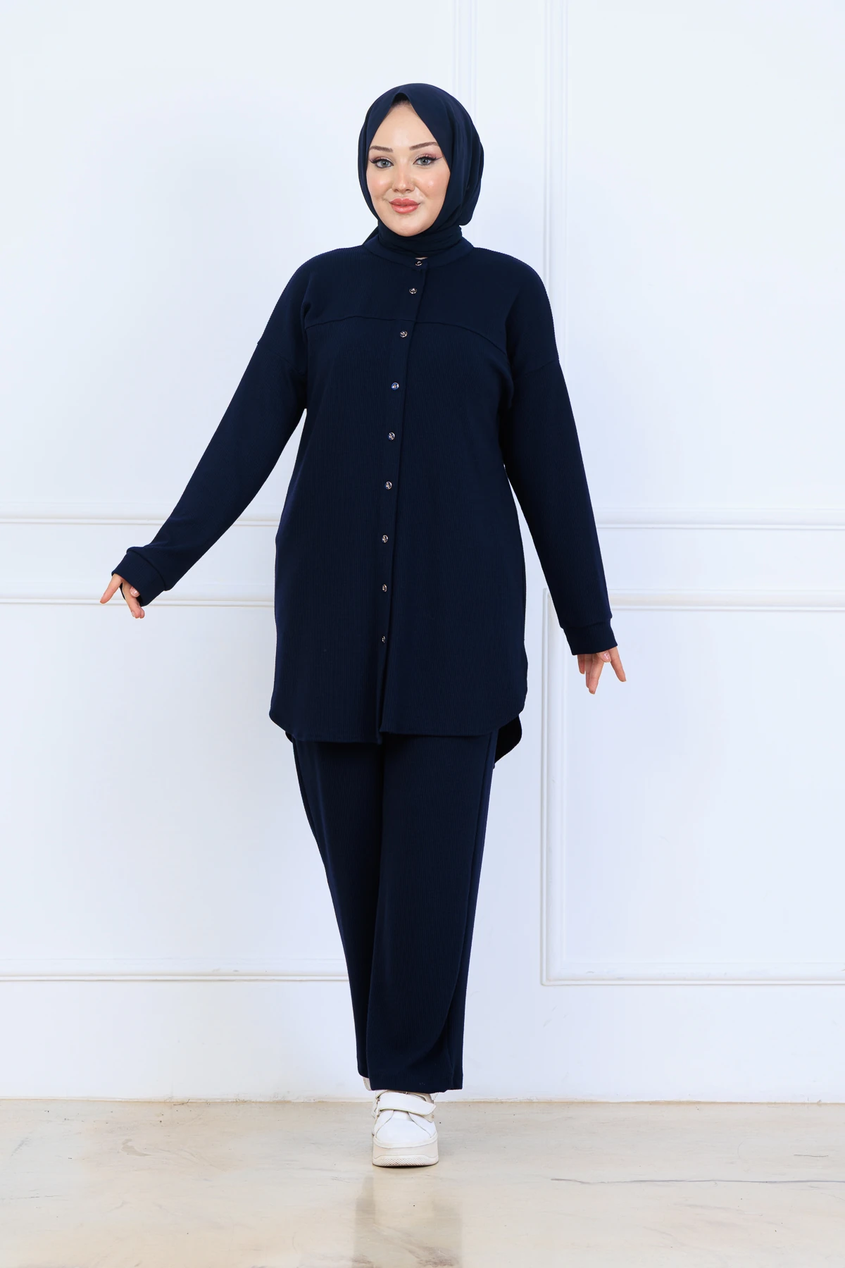 Bürümcük Kumaş Kadın İkili Takım-Gömlek Pantolon 10128 - Lacivert