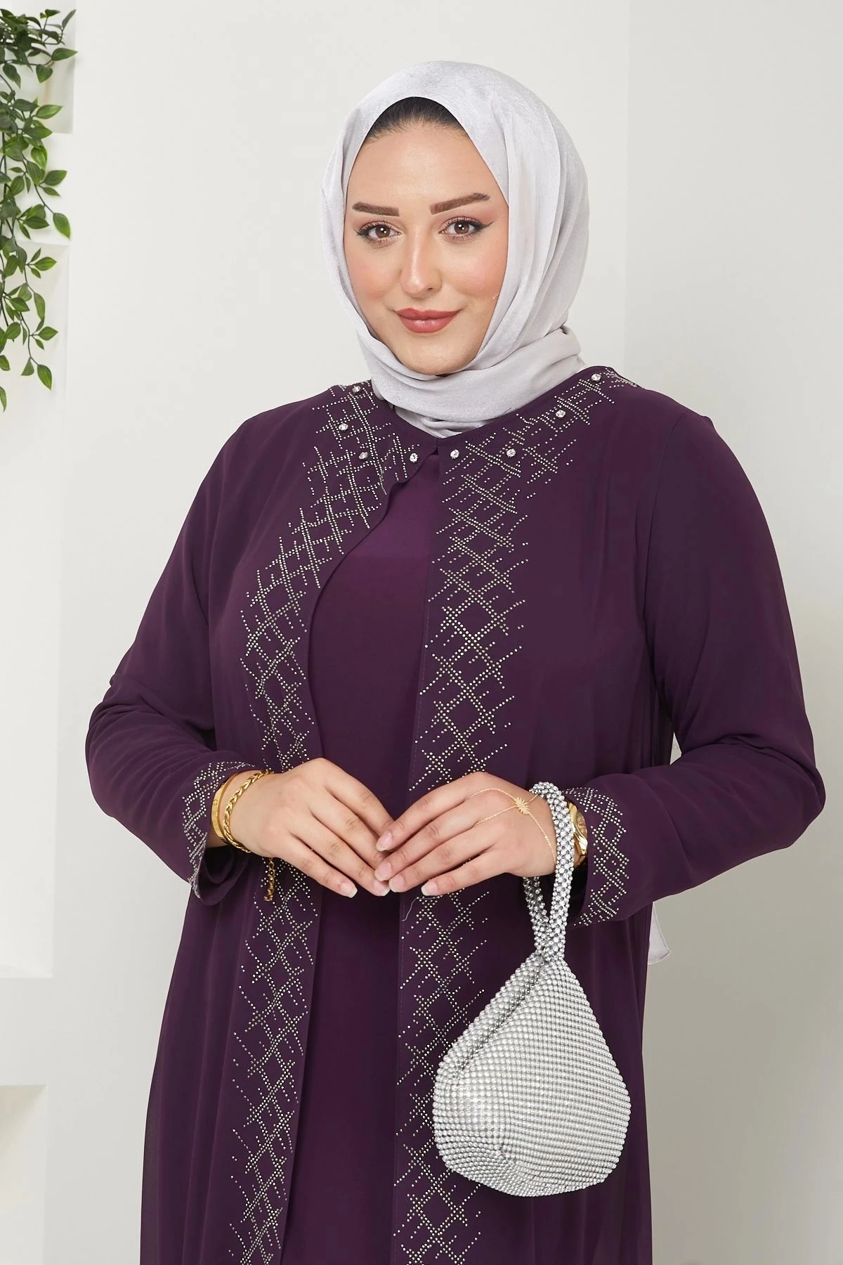 Kadın Büyük Beden Abiye Elbise Şifon Tesettür Abiye Elbise 10120 - Mürdüm