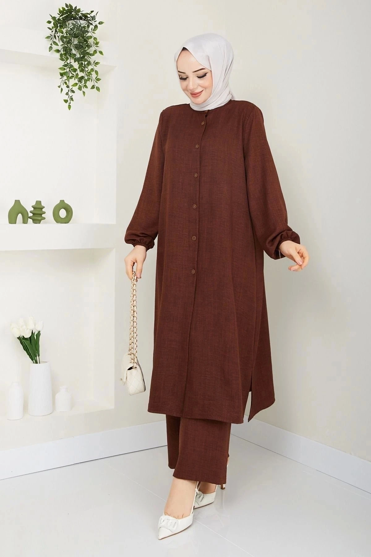 Kadın Büyük Beden Uzun  İkili Tesettür Tunik Takım 10110 - Kahverengi̇